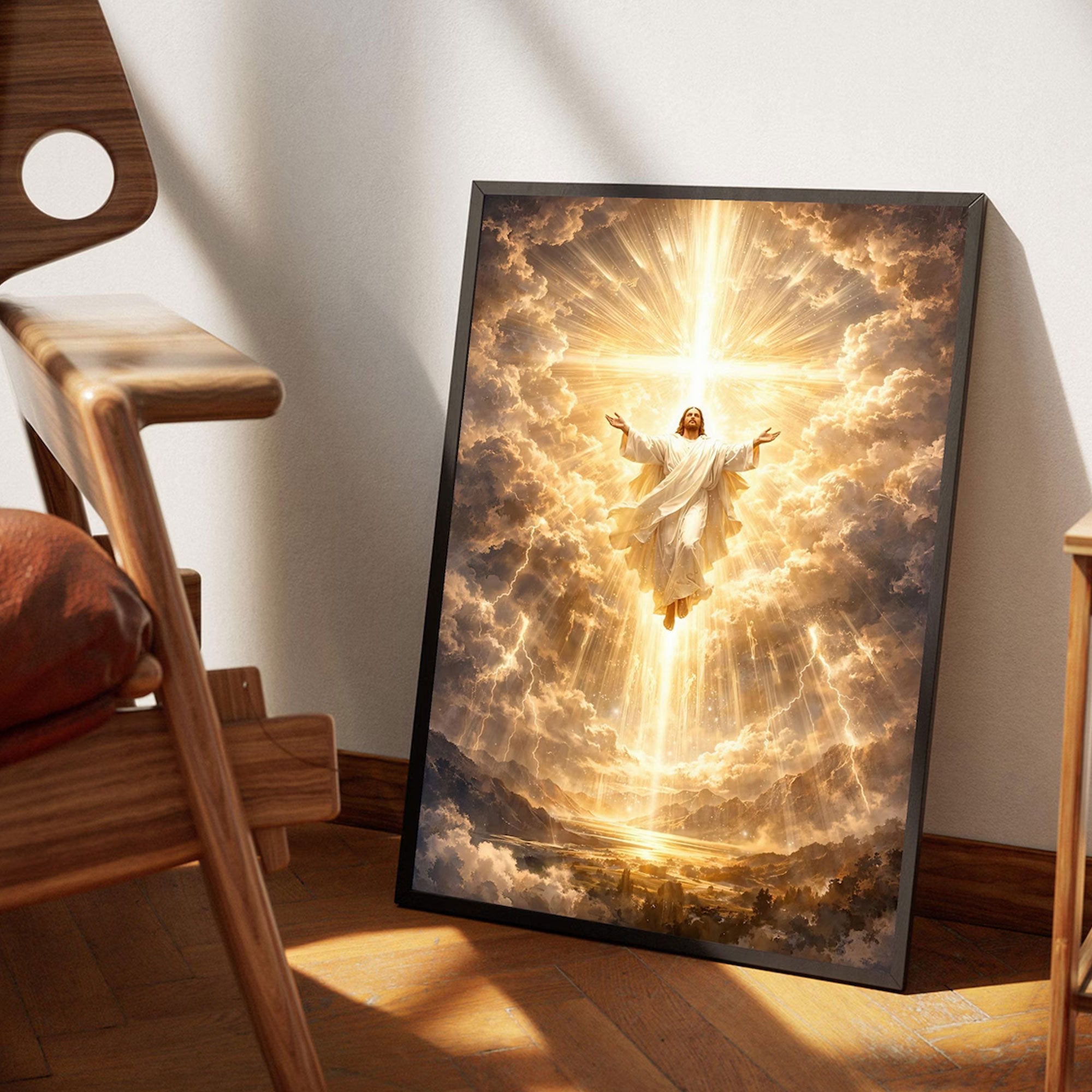 Radiant Jesus Ascending Canvas Print, Divine Light Cross Wall Art, Christian Spiritual Decor, Heavenly Glory Landscape