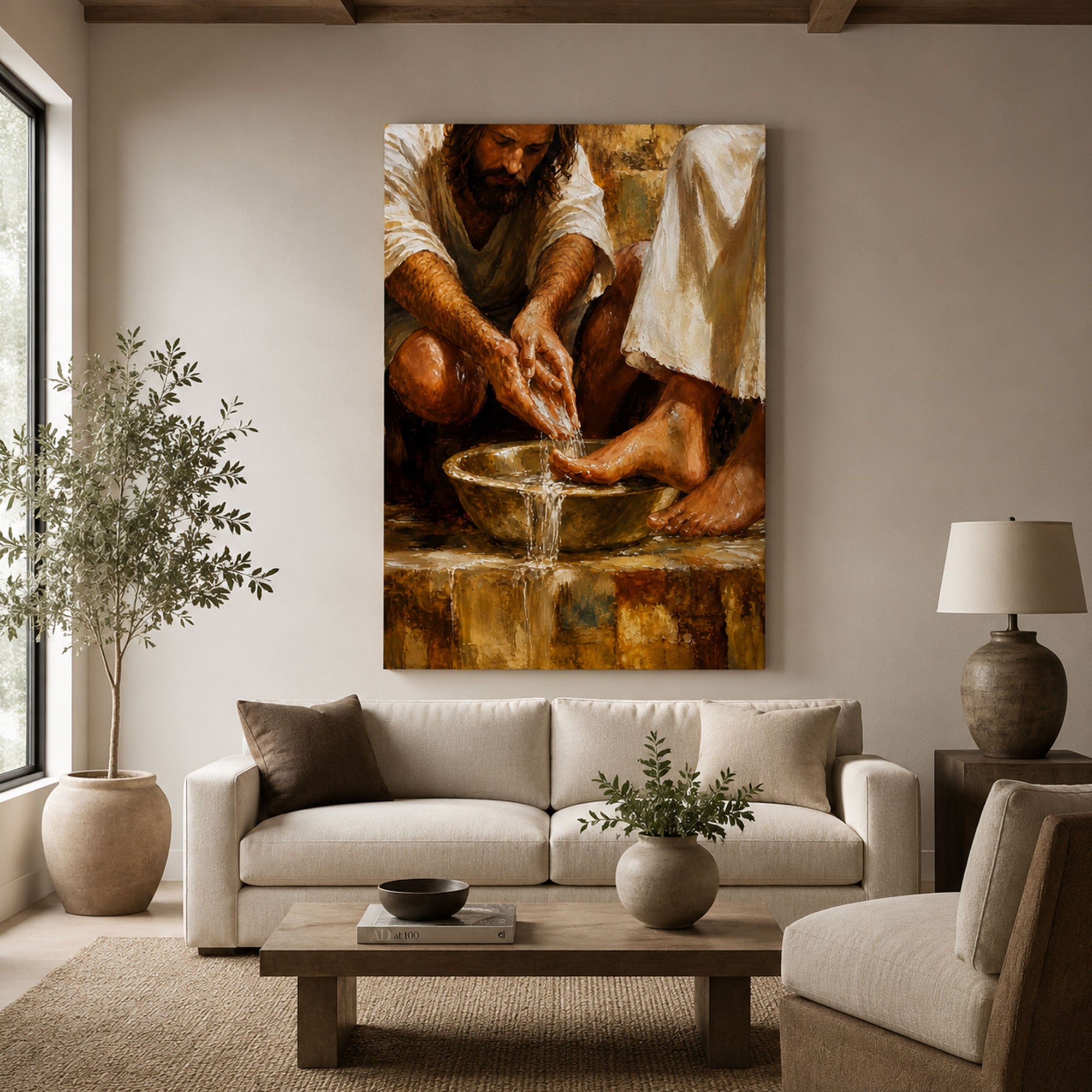 Jesus Washing Feet Canvas Print, Christian Bible Wall Art, Humility and Faith Home Decor