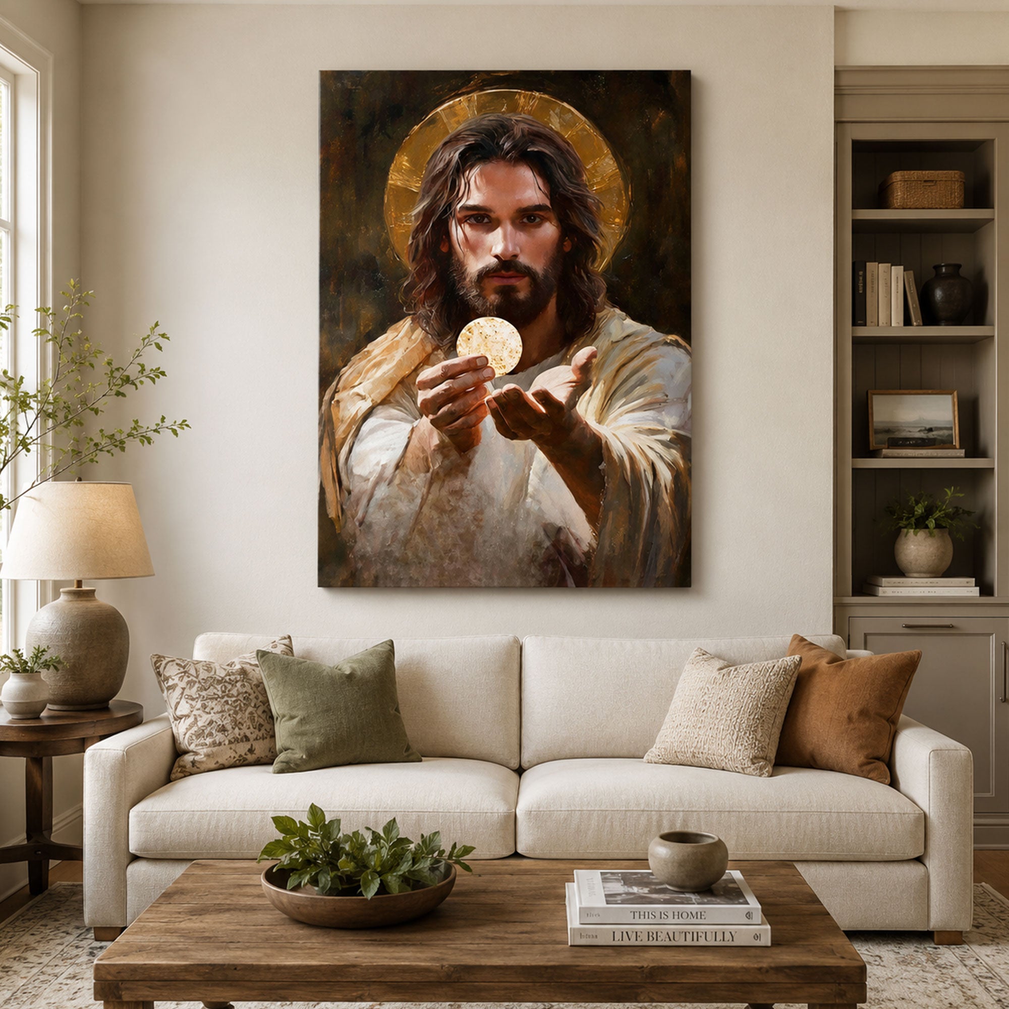 Jesus Christ with Eucharist Canvas Wall Art, Holy Communion Christian Decor, Sacred Faith Home Artwork