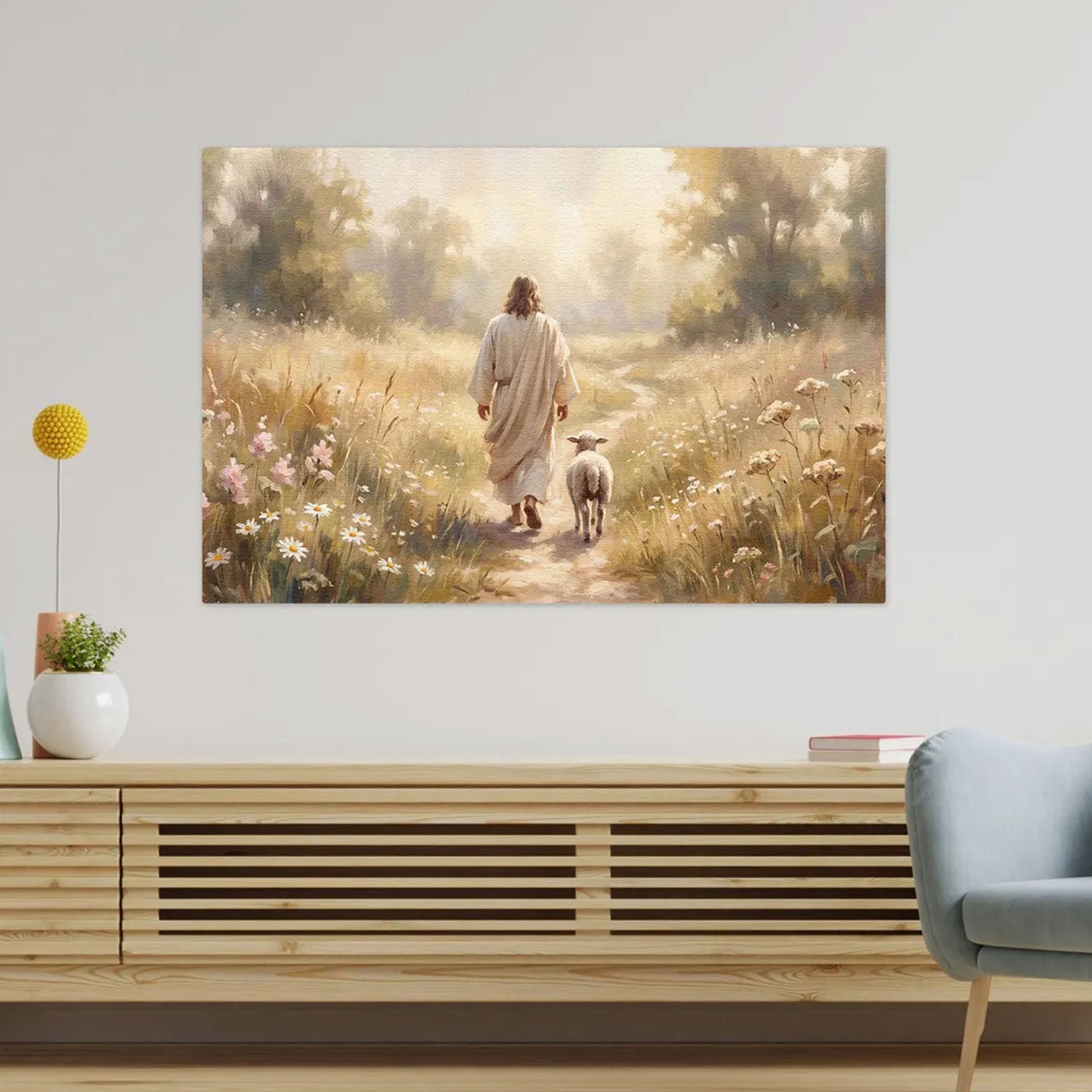 Jesus Walking with Lamb Canvas Print, Good Shepherd Christian Wall Art, Religious Home Decor