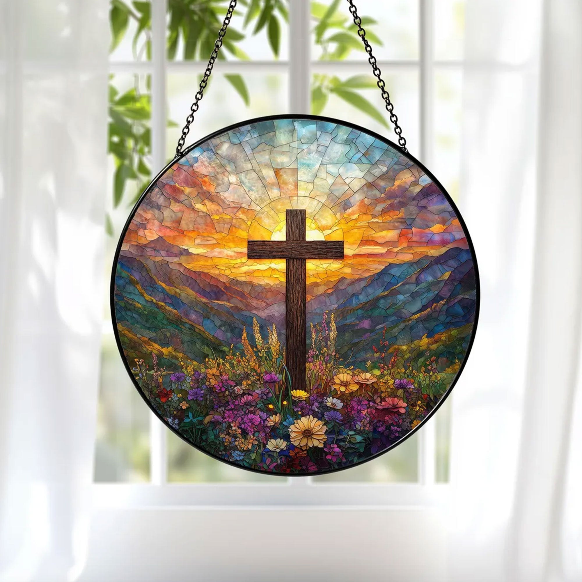 Stained Glass Cross with Wildflowers Suncatcher, Christian Window Hanging Decor, Floral Faith Gift, Religious Home Ornament