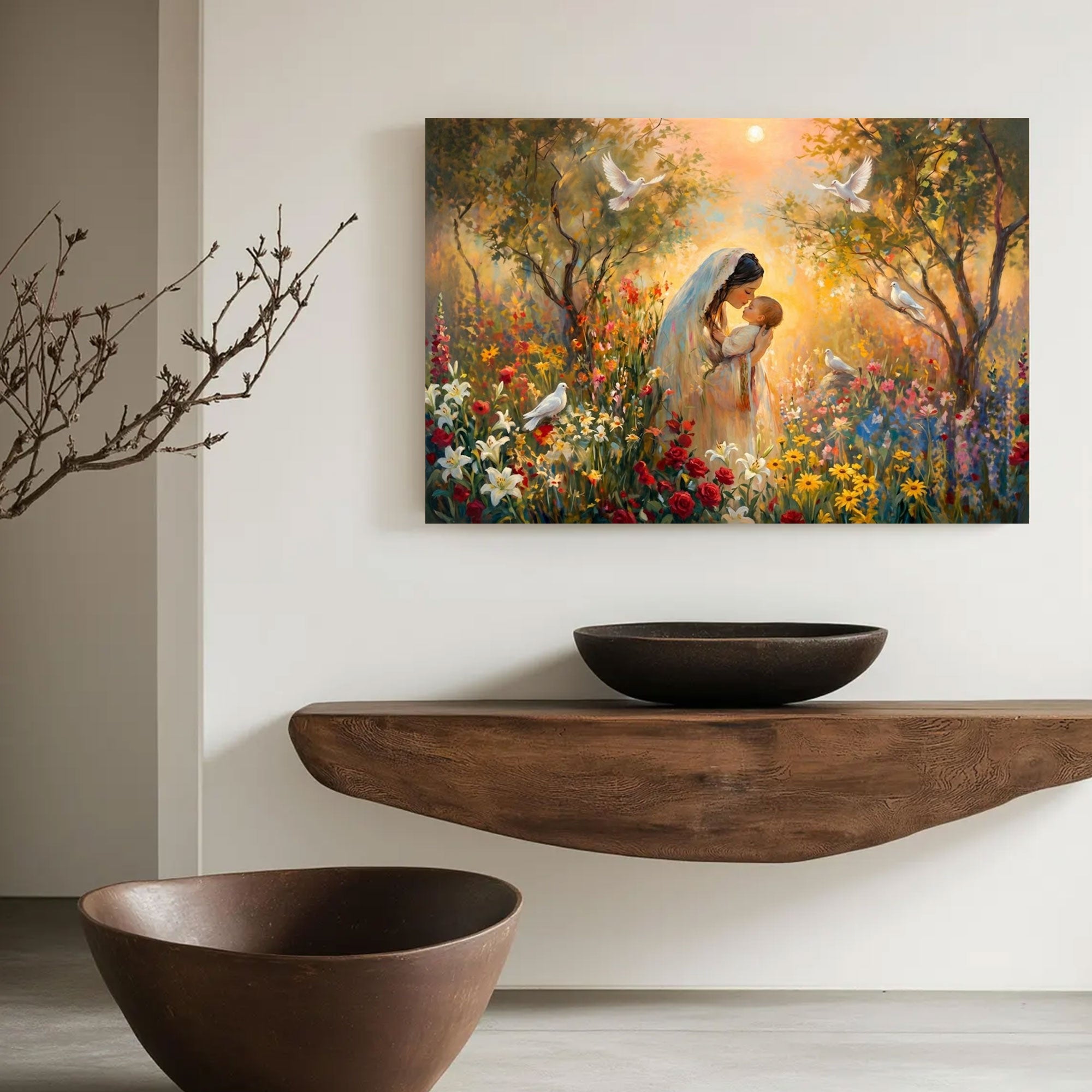Madonna and Child in Bloom Canvas Print, Virgin Mary with Baby Jesus, A Tender Expression of Love, Peace, and Divine Grace
