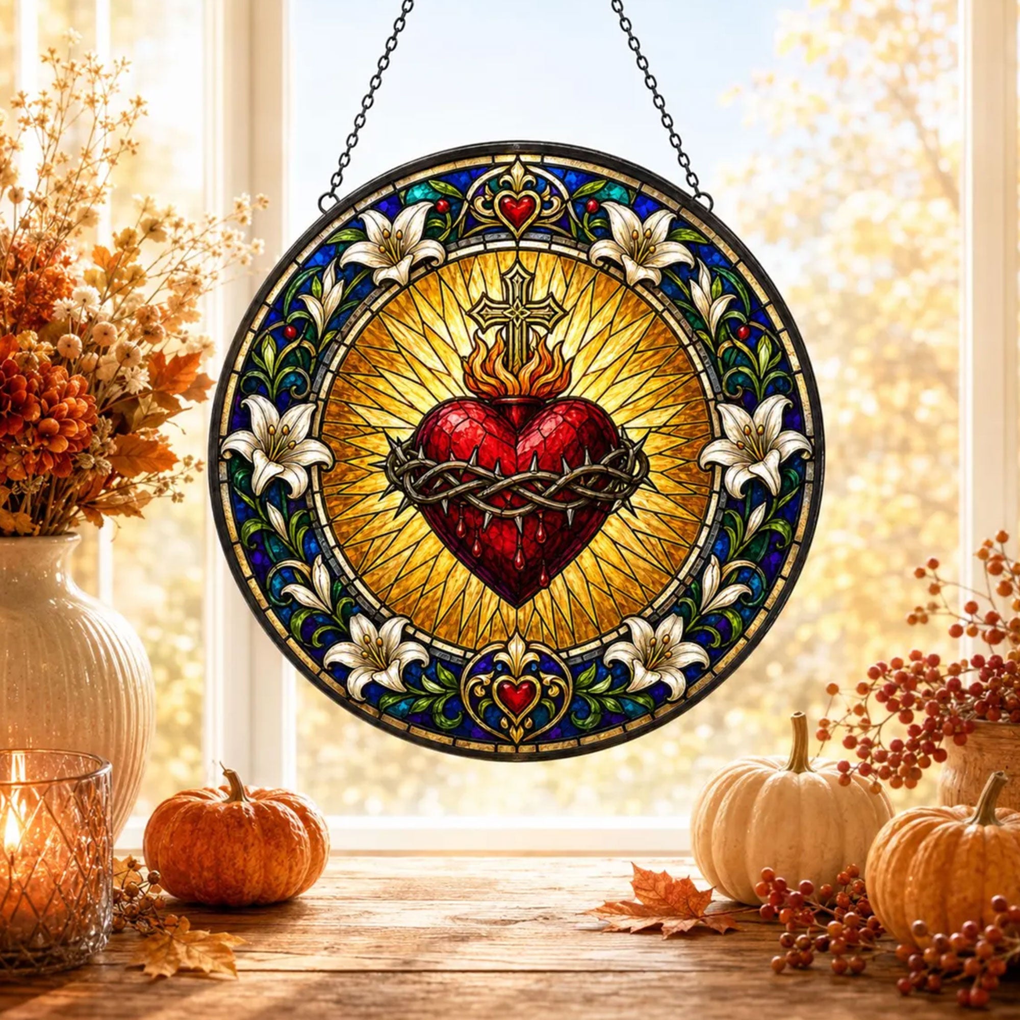 Sacred Heart of Jesus Suncatcher, Catholic Window Hanging, Lily Christian Home Decor