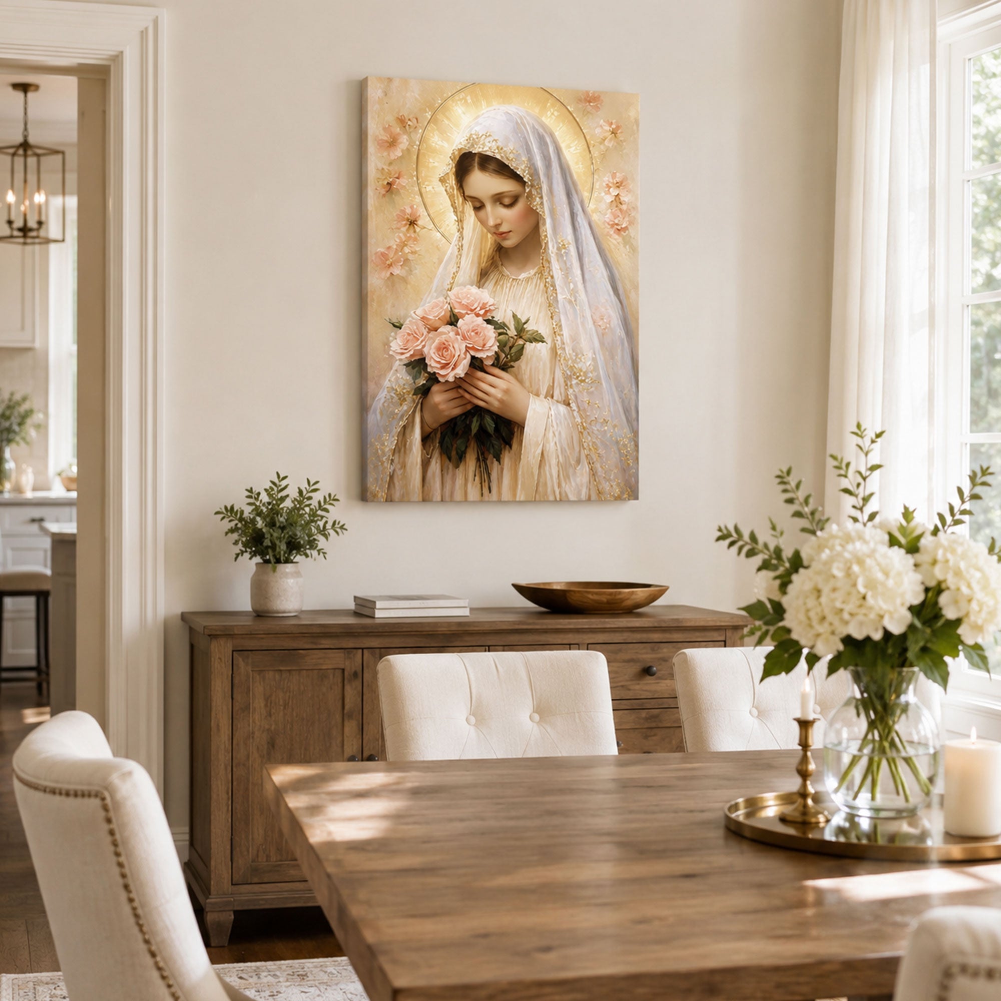 Virgin Mary with Roses Canvas Print, Catholic Wall Decor, Marian Faith Gift