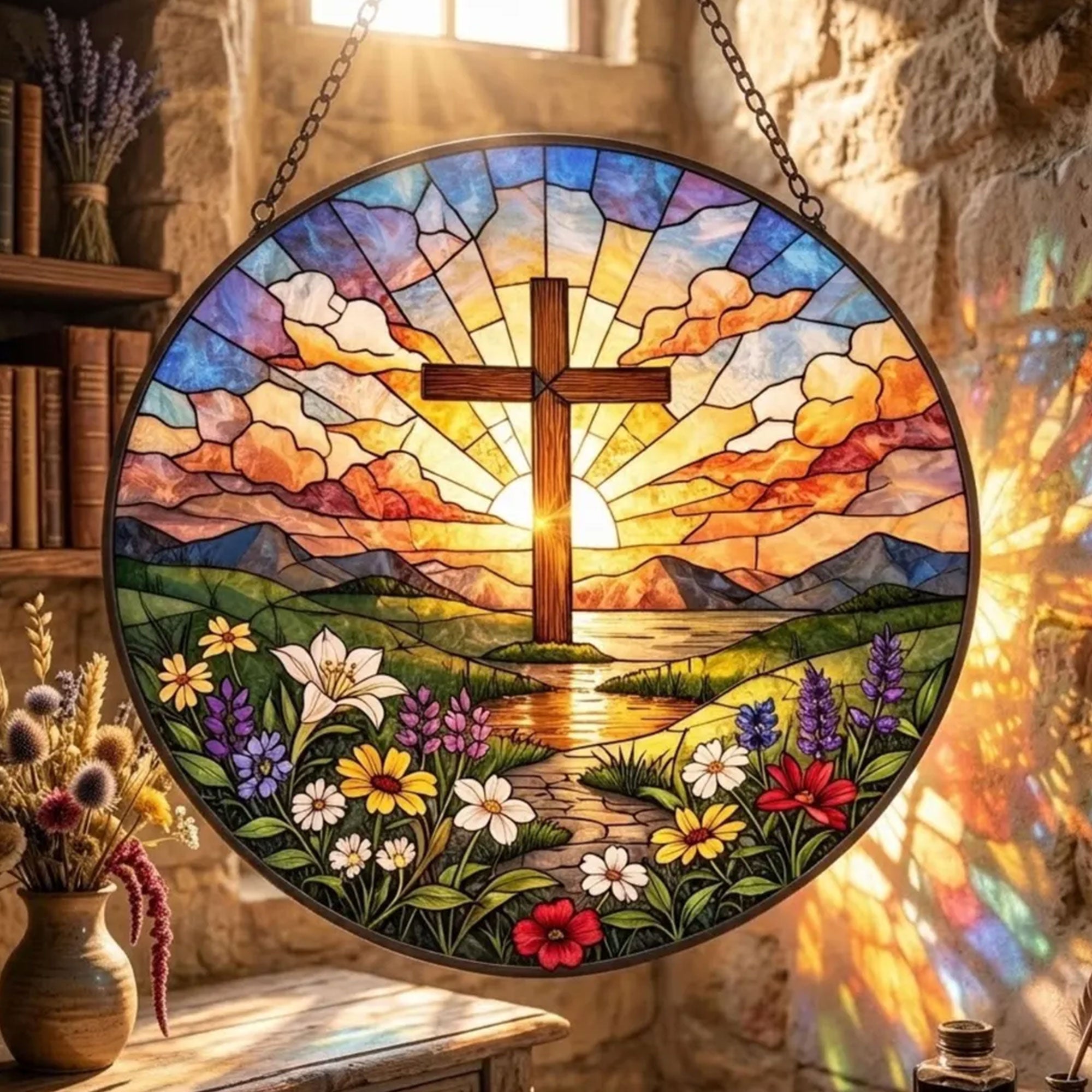 Christian Cross Stained Glass Suncatcher, Sunrise Floral Window Decor, Religious Faith Art Gift