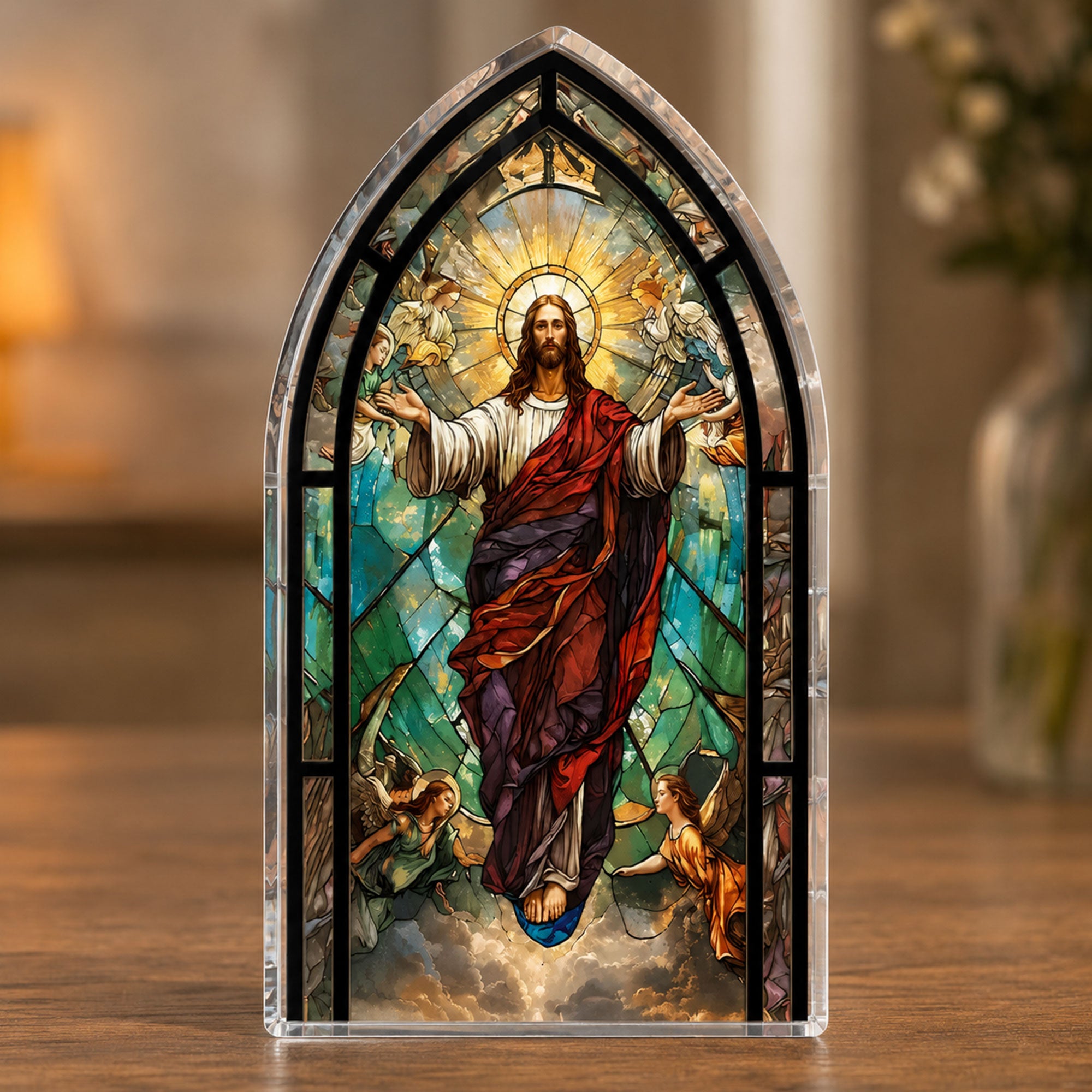 Ascension of Jesus Acrylic Plaque, Stained Glass Church Window Art, 2D Flat Christian Table Decor