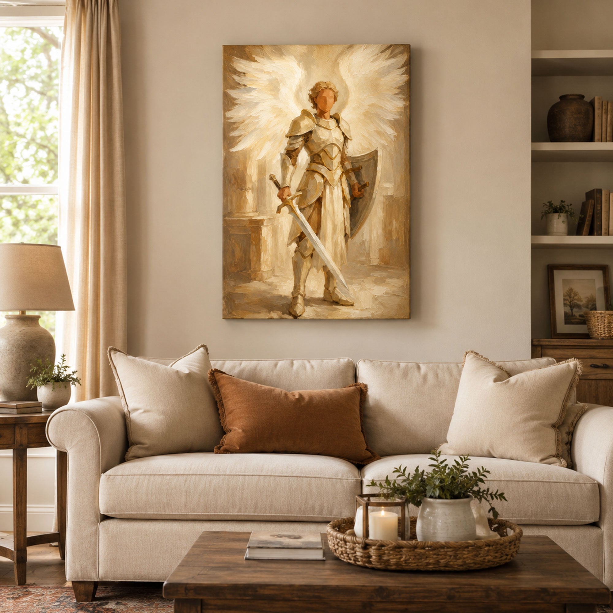 Saint Michael with Shield Canvas Print, Light Neutral Religious Wall Art