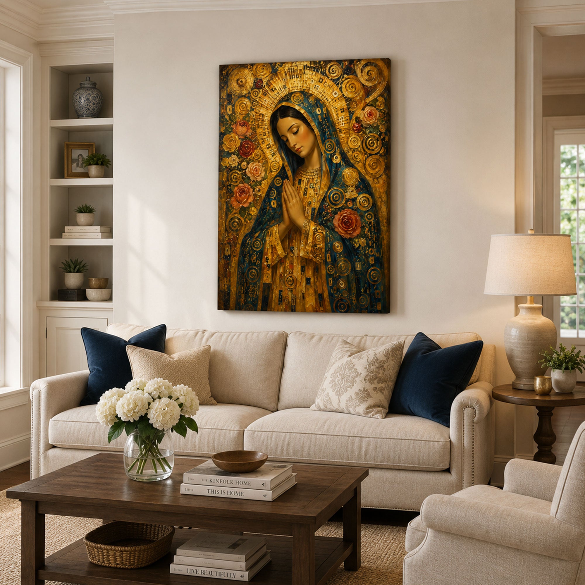 Praying Virgin Mary Canvas Print, Golden Floral Catholic Wall Decor, Marian Faith Gift