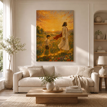 Impasto Jesus Walking With Child Canvas Print, Inspirational Christian Wall Art, Golden Sunset Faith Painting, Spiritual Home Decor