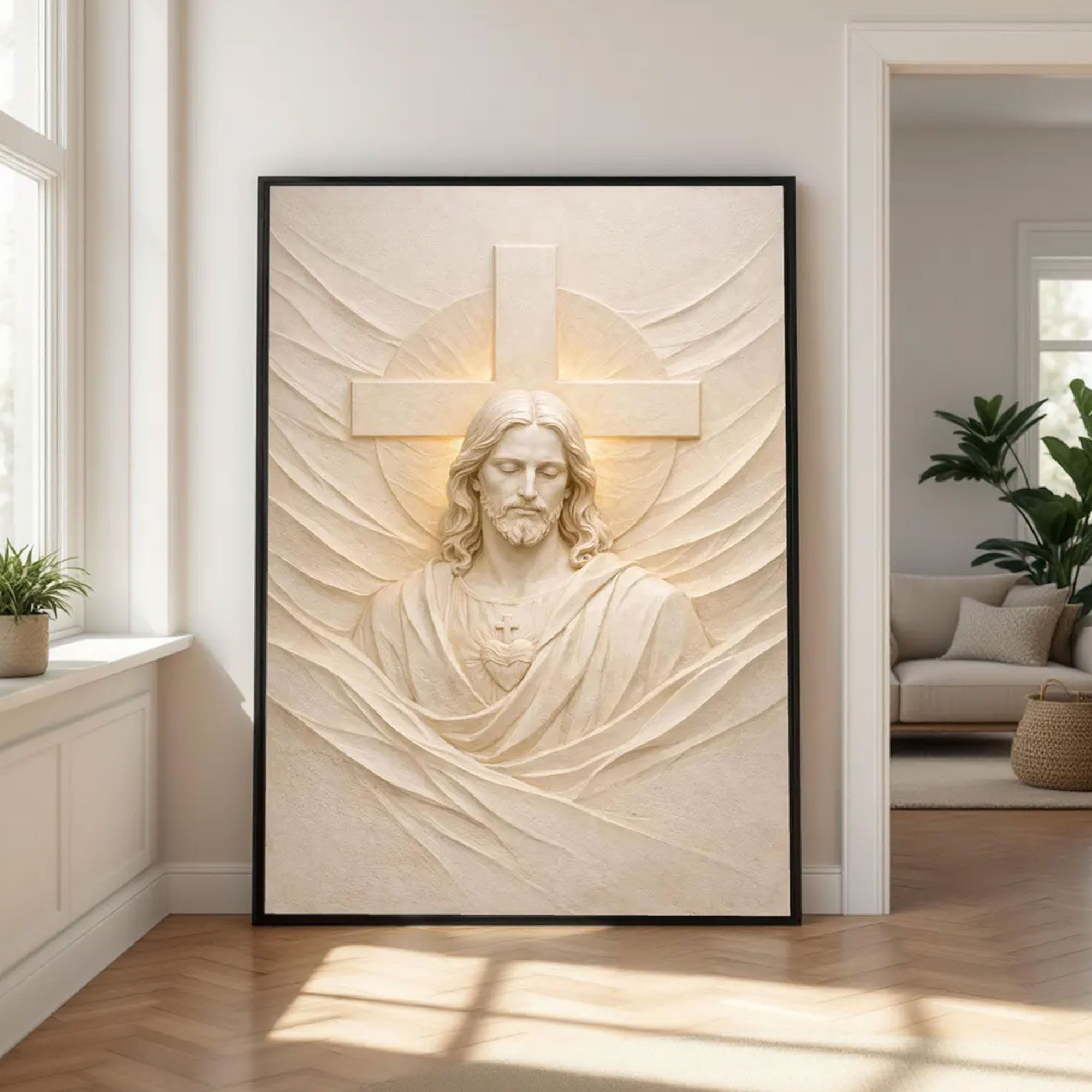 Sacred Heart of Jesus Canvas Print, Christian Religious Relief Sculpture Wall Art, Spiritual Home Decor, Inspirational Faith Gift, Devotional Artwork
