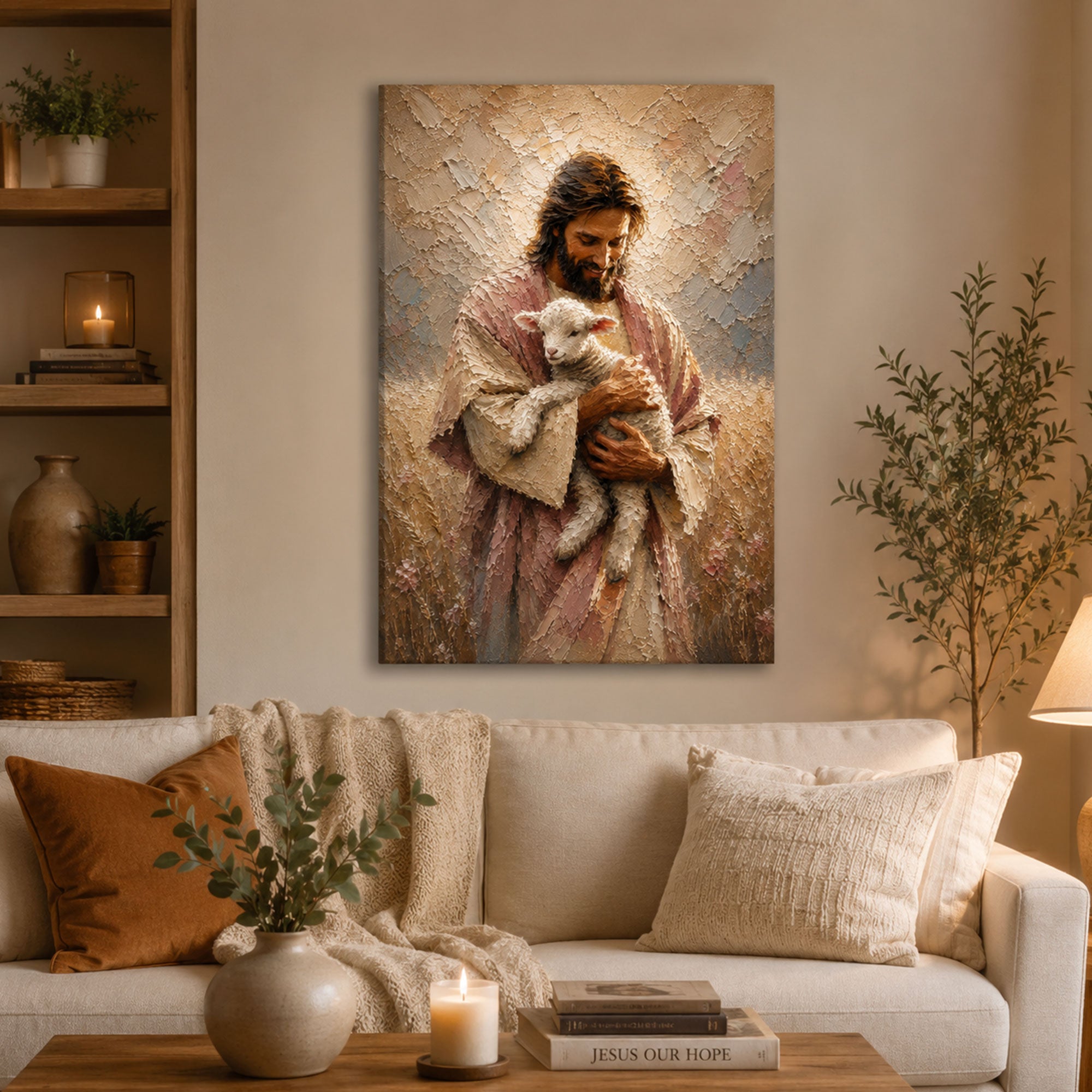 Jesus Holding Lamb Canvas Print, Good Shepherd Christian Wall Art, Peaceful Faith Home Decor