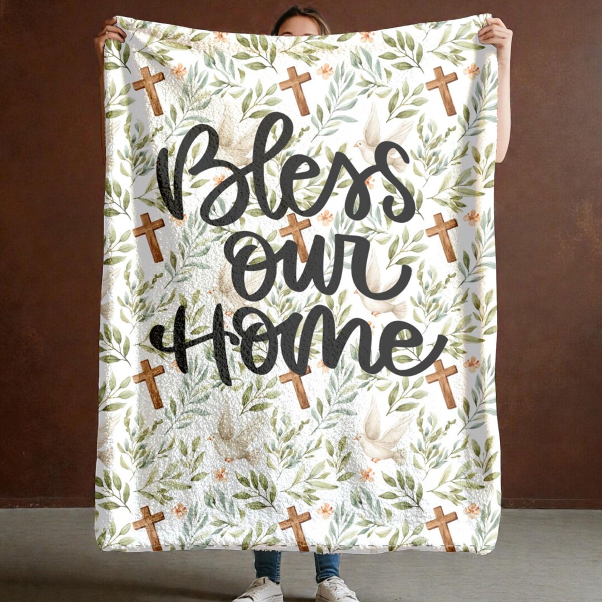 Bless Our Home Christian Fleece Blanket, Dove and Cross Religious Throw, Faith Gift, Christian Home Decor