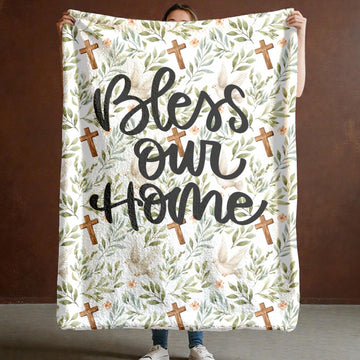 Bless Our Home Christian Fleece Blanket, Dove and Cross Religious Throw, Faith Gift, Christian Home Decor