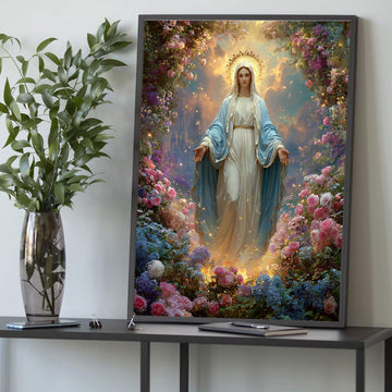 Virgin Mary Floral Canvas Wall Art, Blessed Mother Christian Decor, Catholic Religious Printing