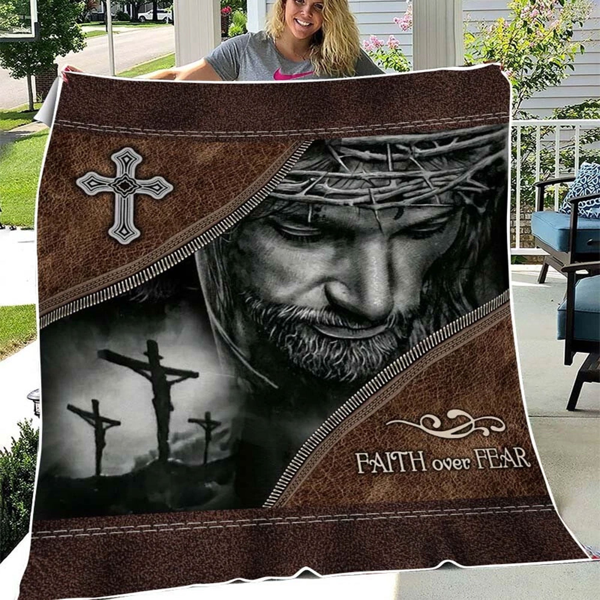 Jesus Faith Over Fear Fleece Blanket, Christian Throw Blanket, Inspirational Faith Gift, Religious Home Decor, Birthday Gift
