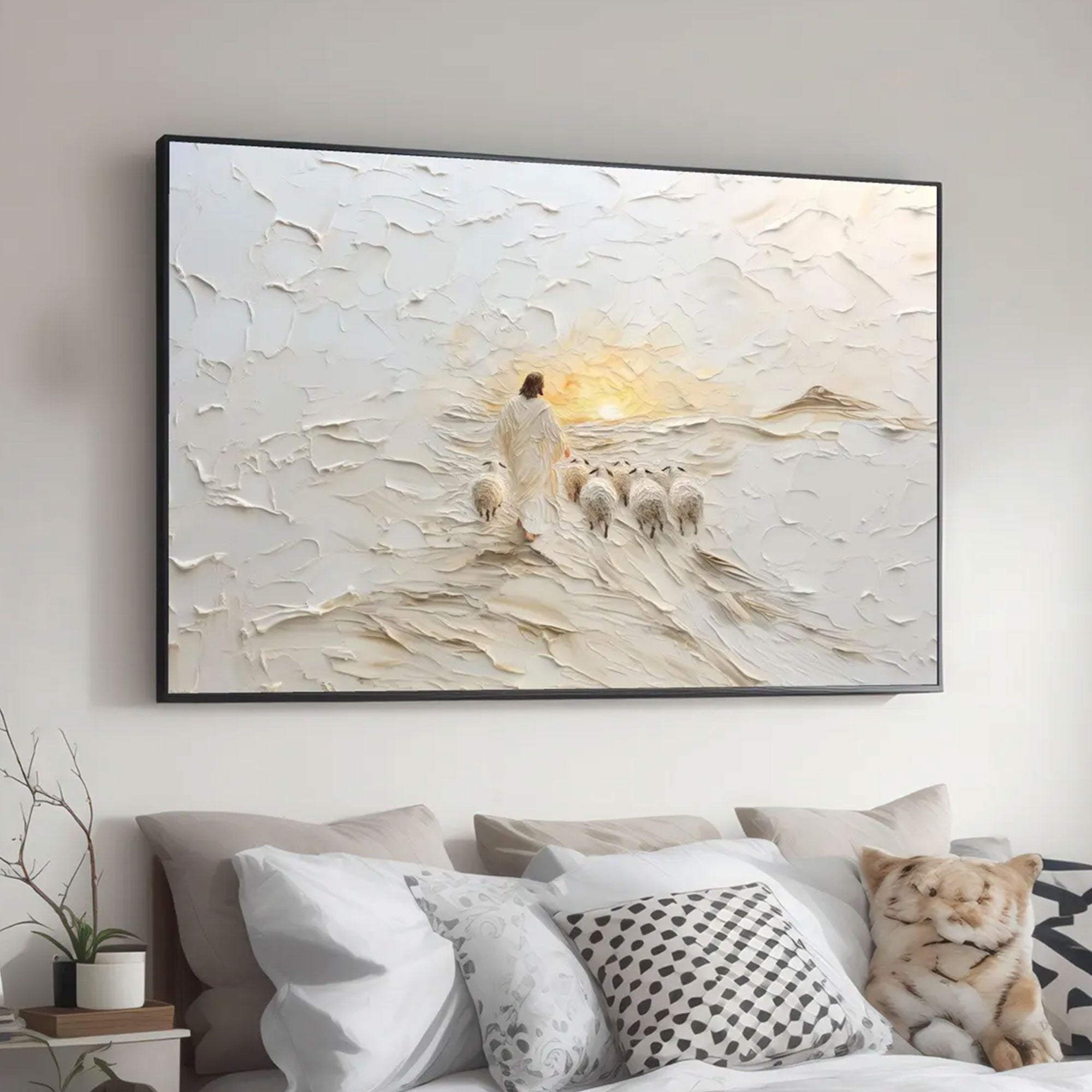 Jesus Shepherd with Sheep Canvas Print, Good Shepherd Wall Art, White Landscape Christian Decor, Modern Religious Home Decoration, Inspirational Faith Gift