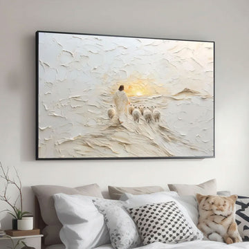 Jesus Shepherd with Sheep Canvas Print, Good Shepherd Wall Art, White Landscape Christian Decor, Modern Religious Home Decoration, Inspirational Faith Gift