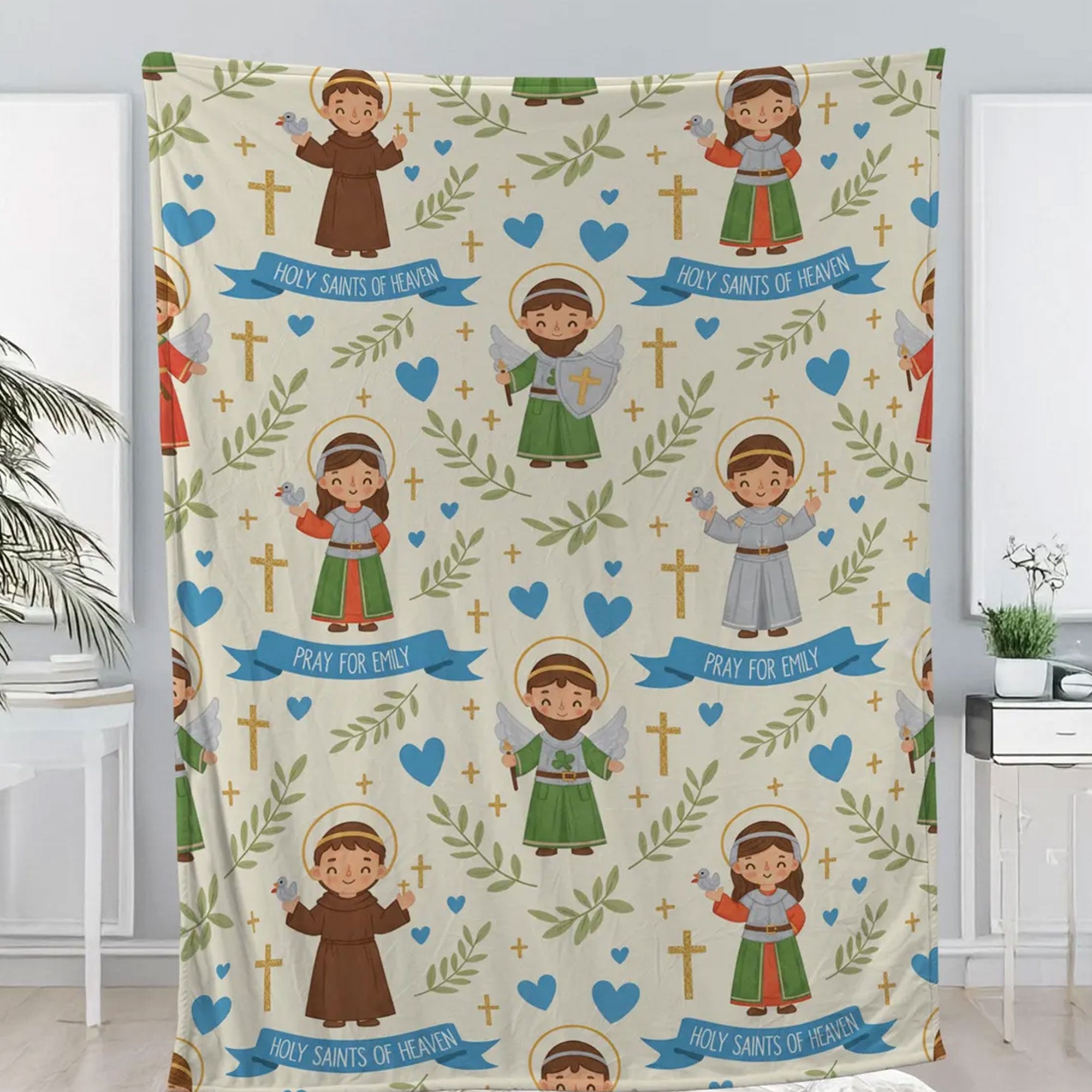 Custom Catholic Saints Fleece Blanket, Personalized Religious Throw, Holy Saint Illustrations, Christian Gift, Faith Home Decor