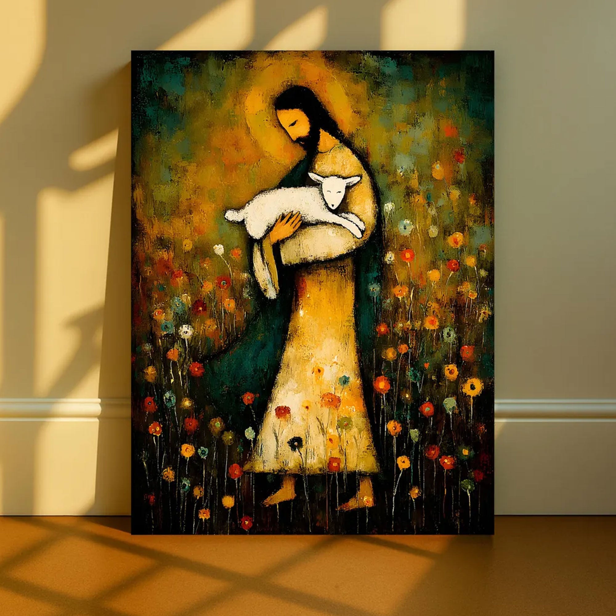 Jesus Holding Lamb Canvas Print, Good Shepherd Wall Art, Folk Art Christian Painting, Religious Home Decor, Inspirational Faith Gift