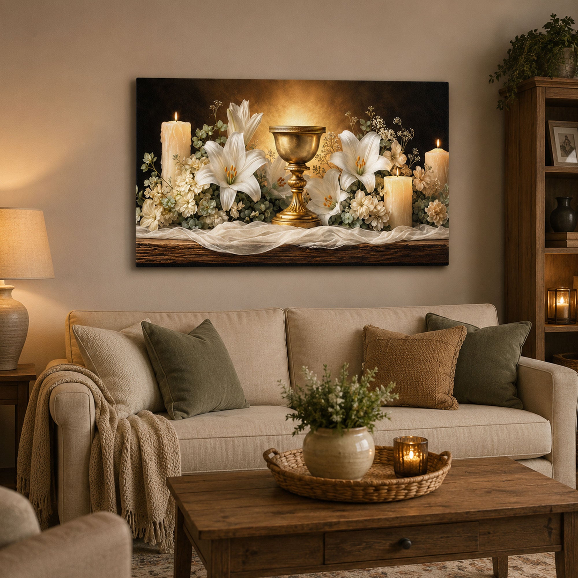 Holy Eucharist Panoramic Canvas Print, Chalice and Lilies Catholic Wall Art, Faith Home Decor Gift