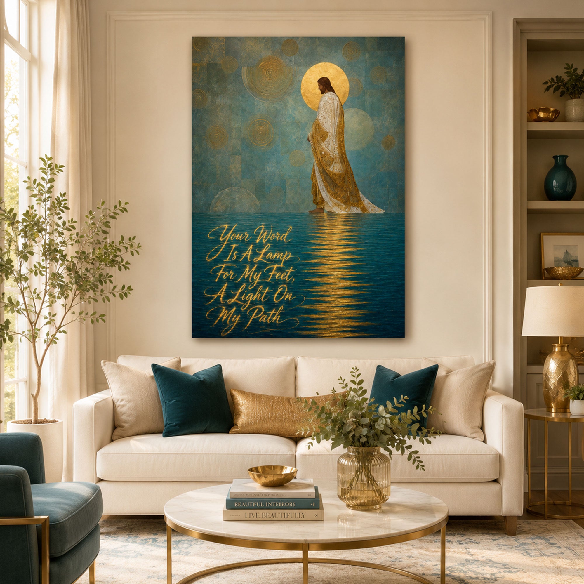 Your Word Is a Lamp for My Feet Canvas Print, Gustav Klimt Inspired Christian Wall Art, Golden Scripture Faith Decor