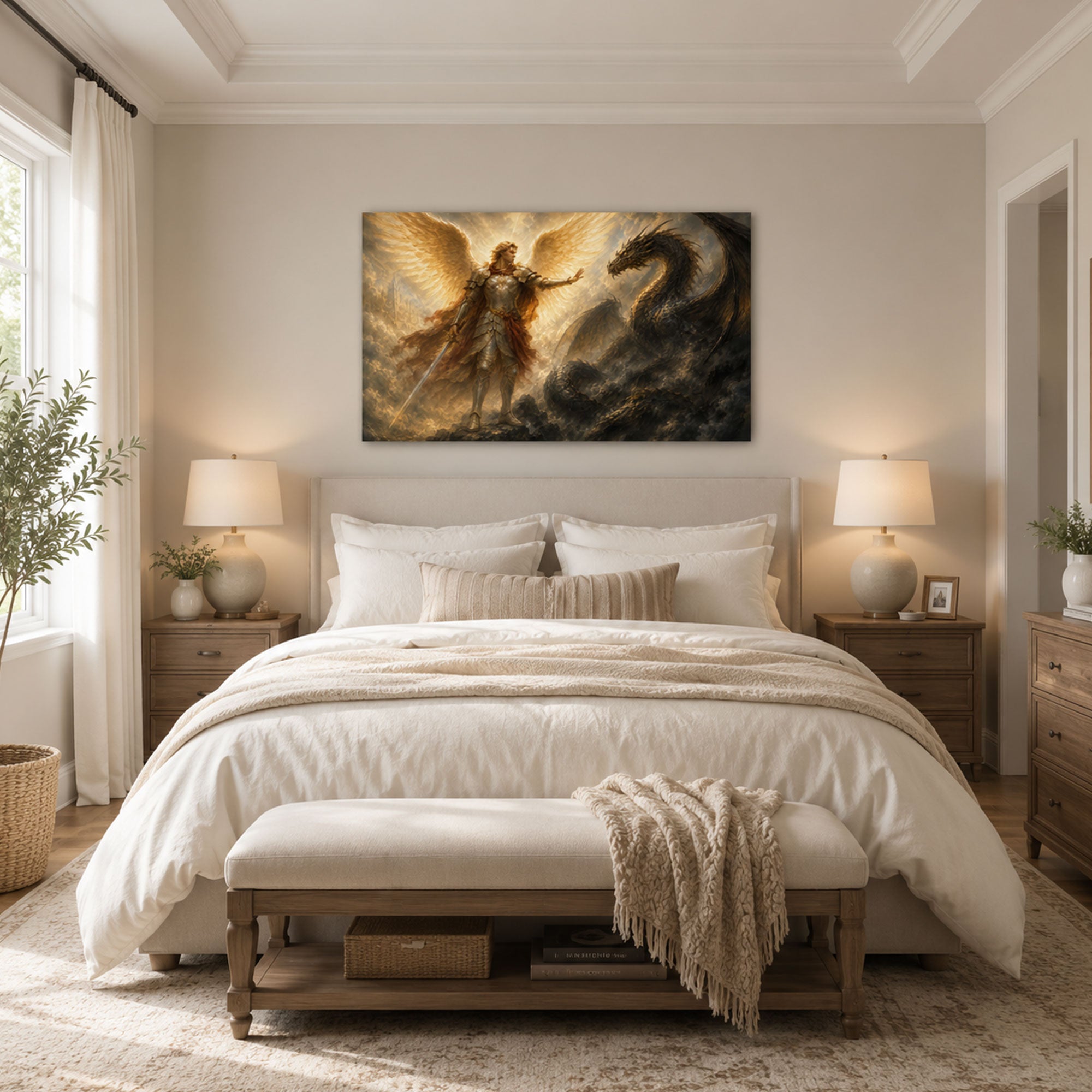 Saint Michael Defeating the Dragon Canvas Print, Catholic Home Decor