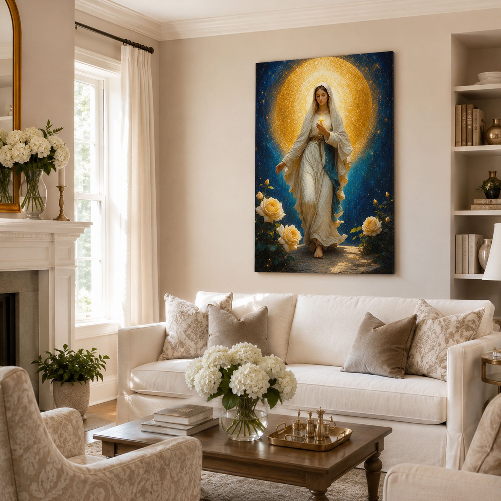 Blessed Virgin Mary Canvas Print, Blue and Gold Catholic Wall Art, Marian Faith Home Decor Gift
