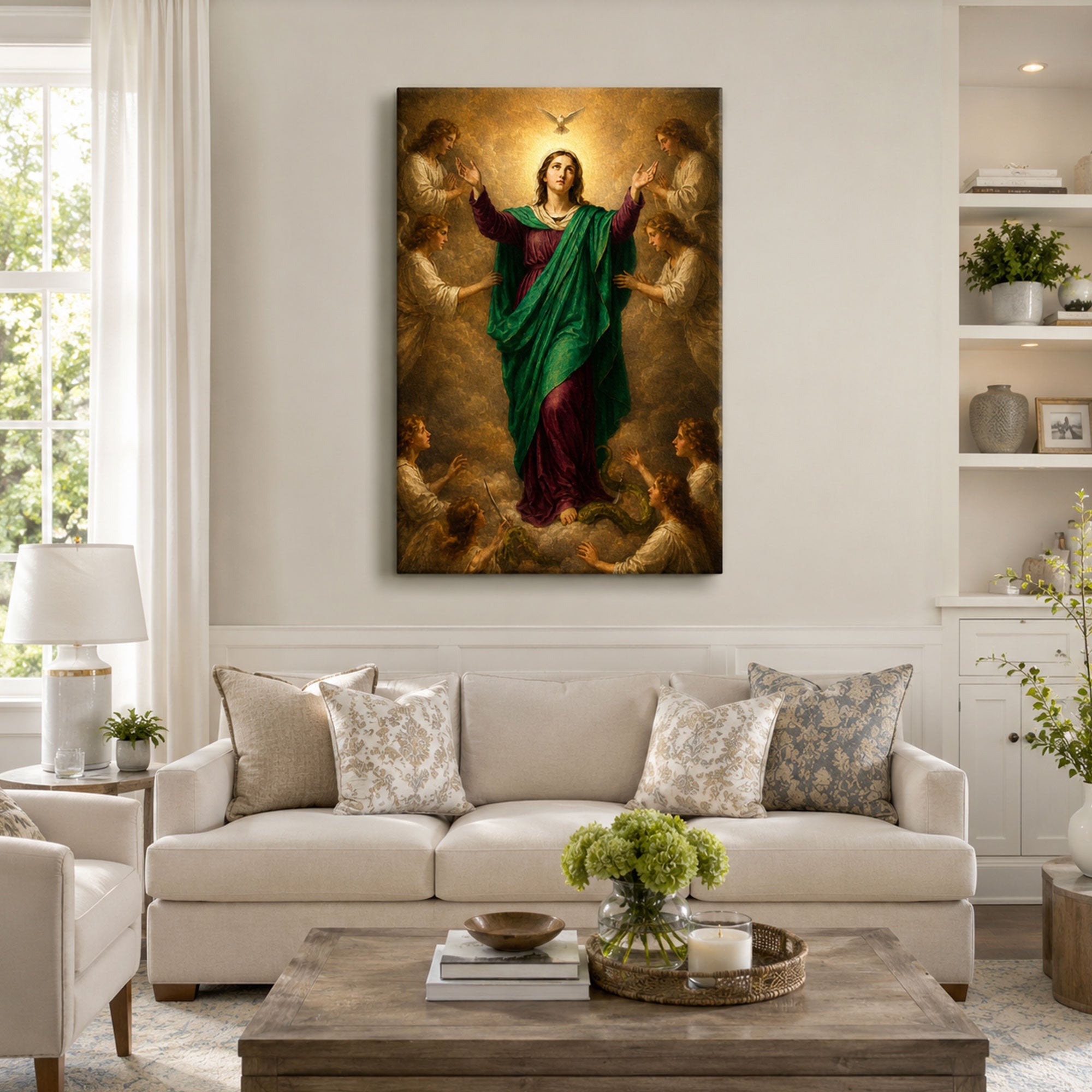 Immaculate Conception Virgin Mary Canvas Print, Holy Spirit and Angels Catholic Wall Decor, Marian Faith Gift