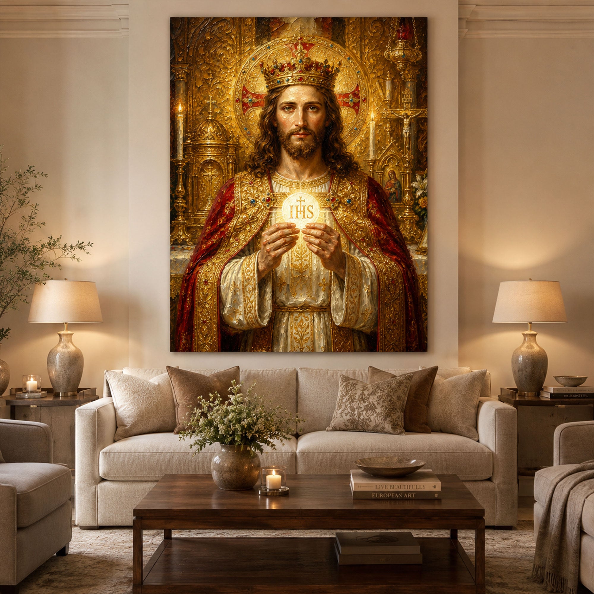 Christ the King Eucharistic Canvas Print, Jesus Holding the Holy Eucharist, Catholic Religious Wall Art, Sacred Christian Home Decor