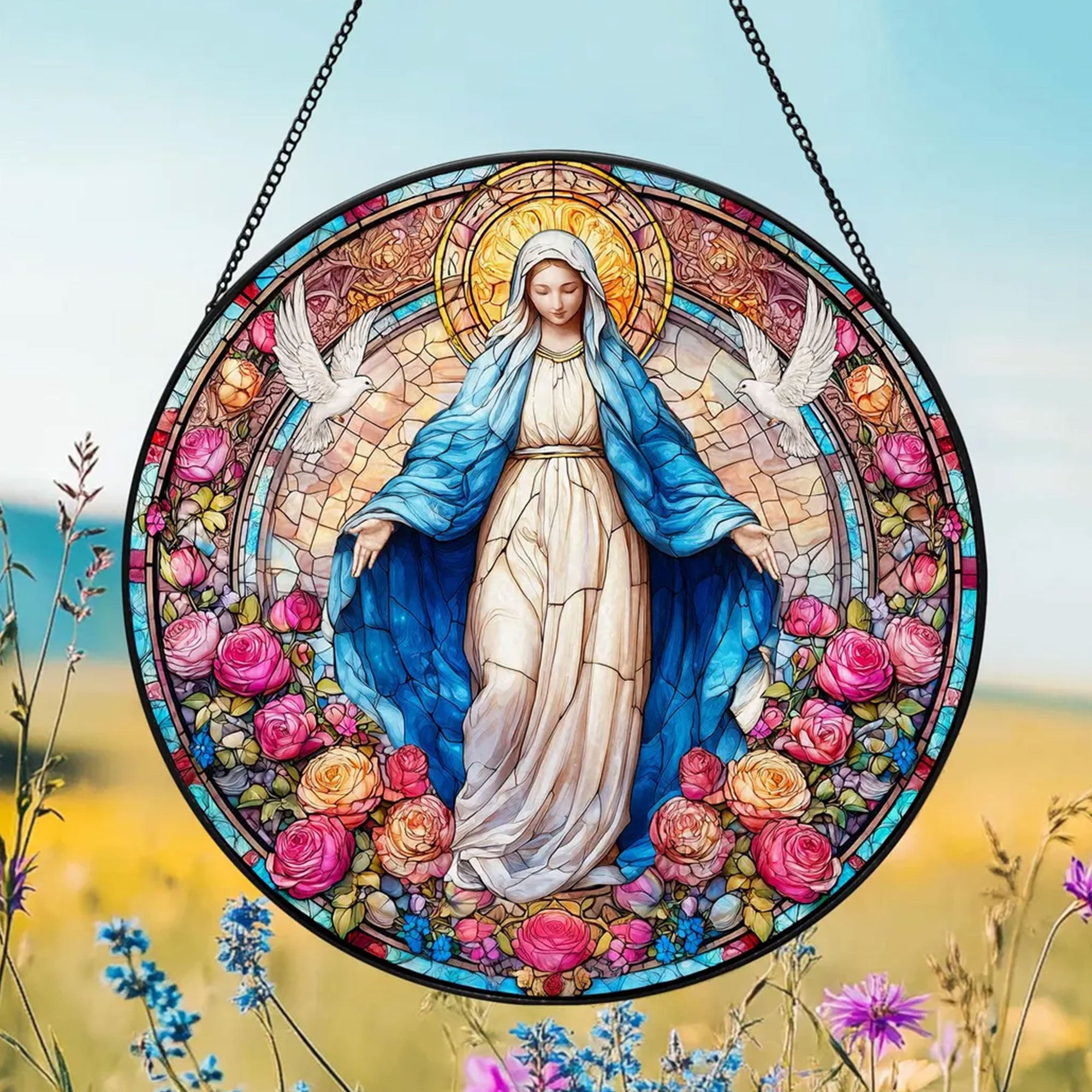 Our Lady of Grace Stained Glass Suncatcher, Virgin Mary Window Hanging, Catholic Religious Gift