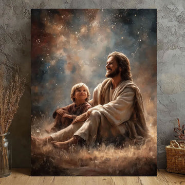 Jesus with Child Under Stars Canvas Print, Christian Faith Wall Art, Religious Home Decor