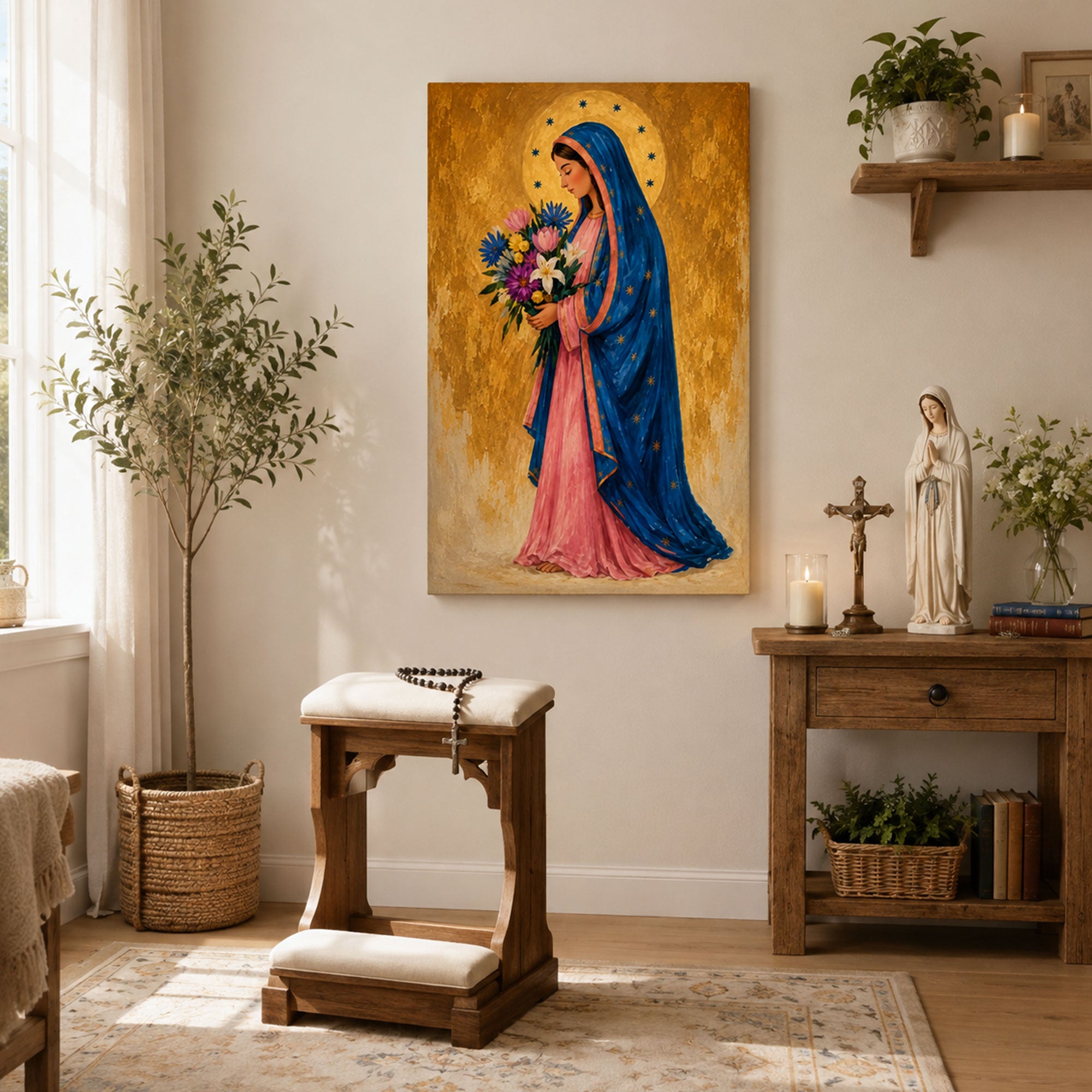 Virgin Mary with Flowers Canvas Print, Catholic Wall Decor, Marian Faith Gift