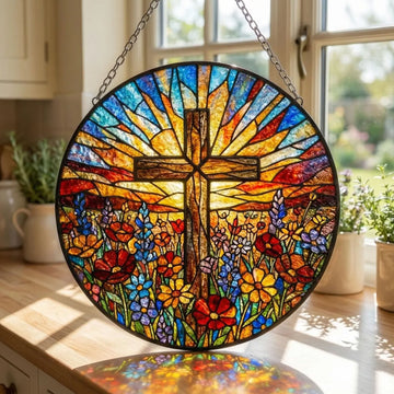 Stained Glass Cross Suncatcher, Christian Window Hanging Decor, Faith Gift, Religious Home Ornament