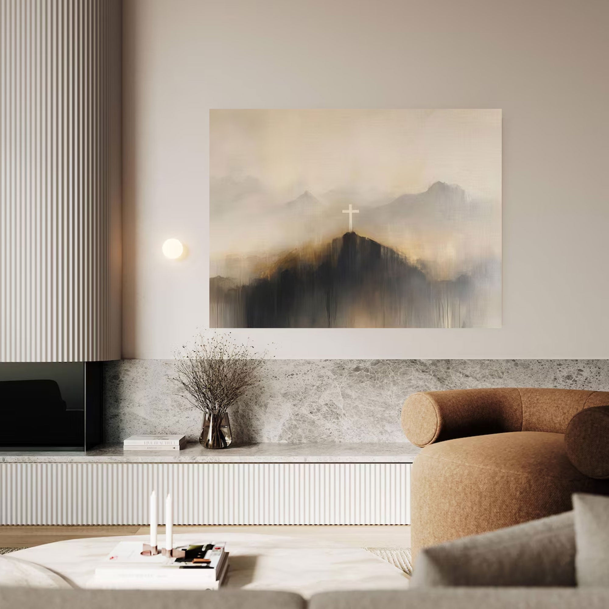 Christian Jesus Cross Canvas Print, Modern Scripture Wall Art, Religious Landscape Decor