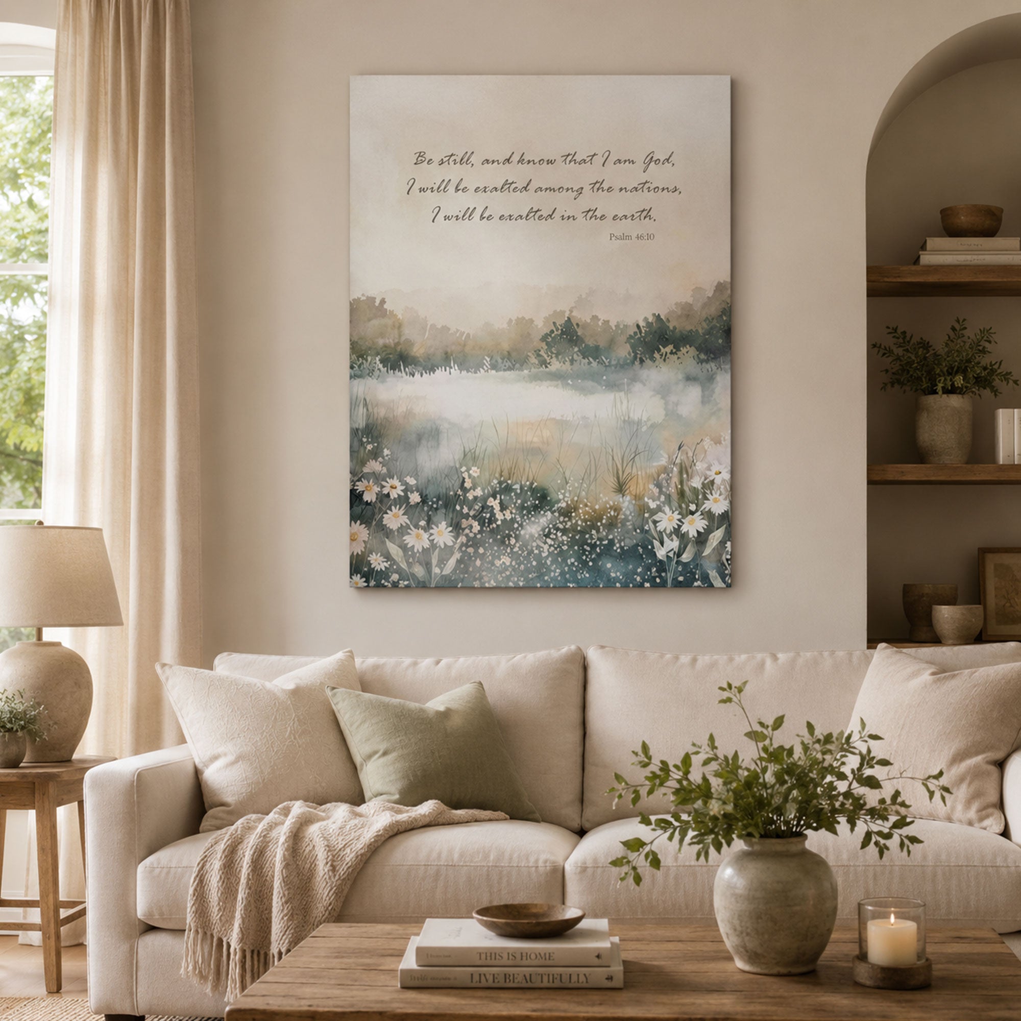 Be Still and Know That I Am God Canvas Print, Psalm 46:10 Scripture Wall Art, Neutral Christian Home Decor