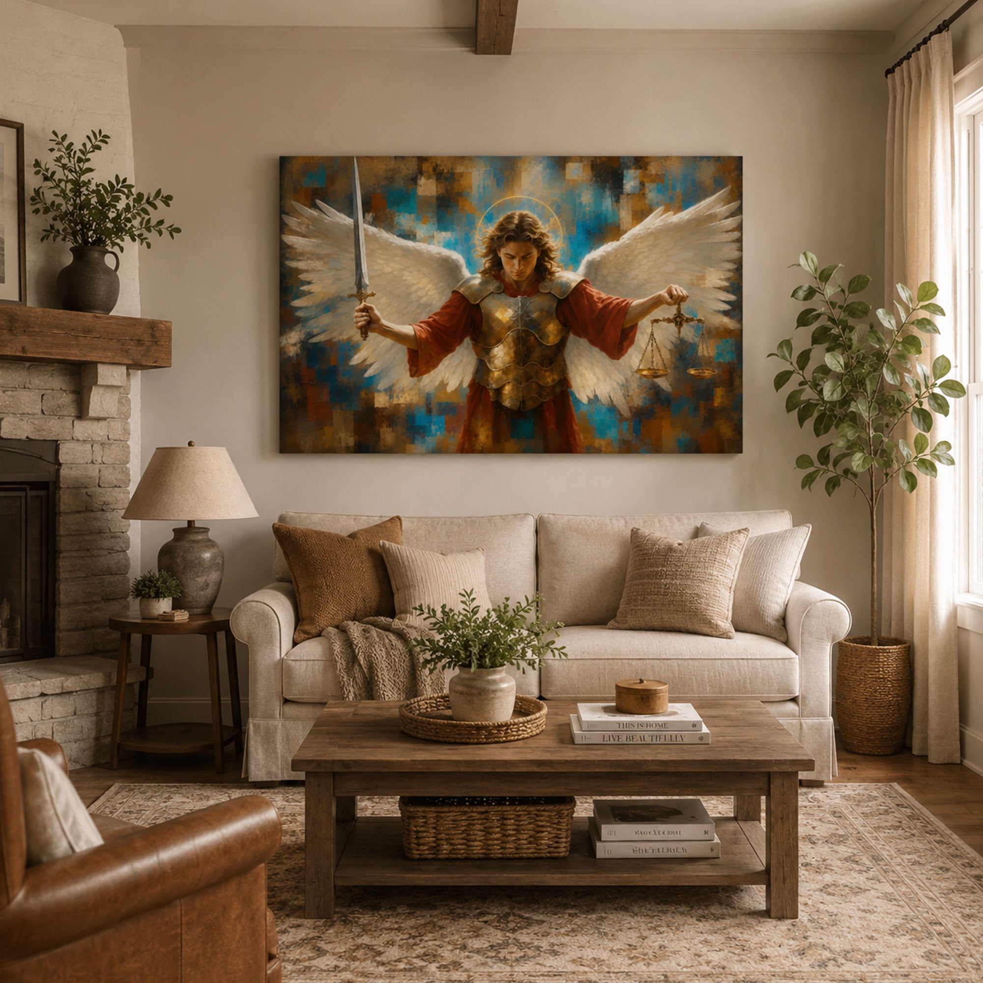 Archangel Michael Canvas Print, Angel with Sword and Scales Catholic Wall Art, Faith Home Decor Gift