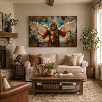 Archangel Michael Canvas Print, Angel with Sword and Scales Catholic Wall Art, Faith Home Decor Gift