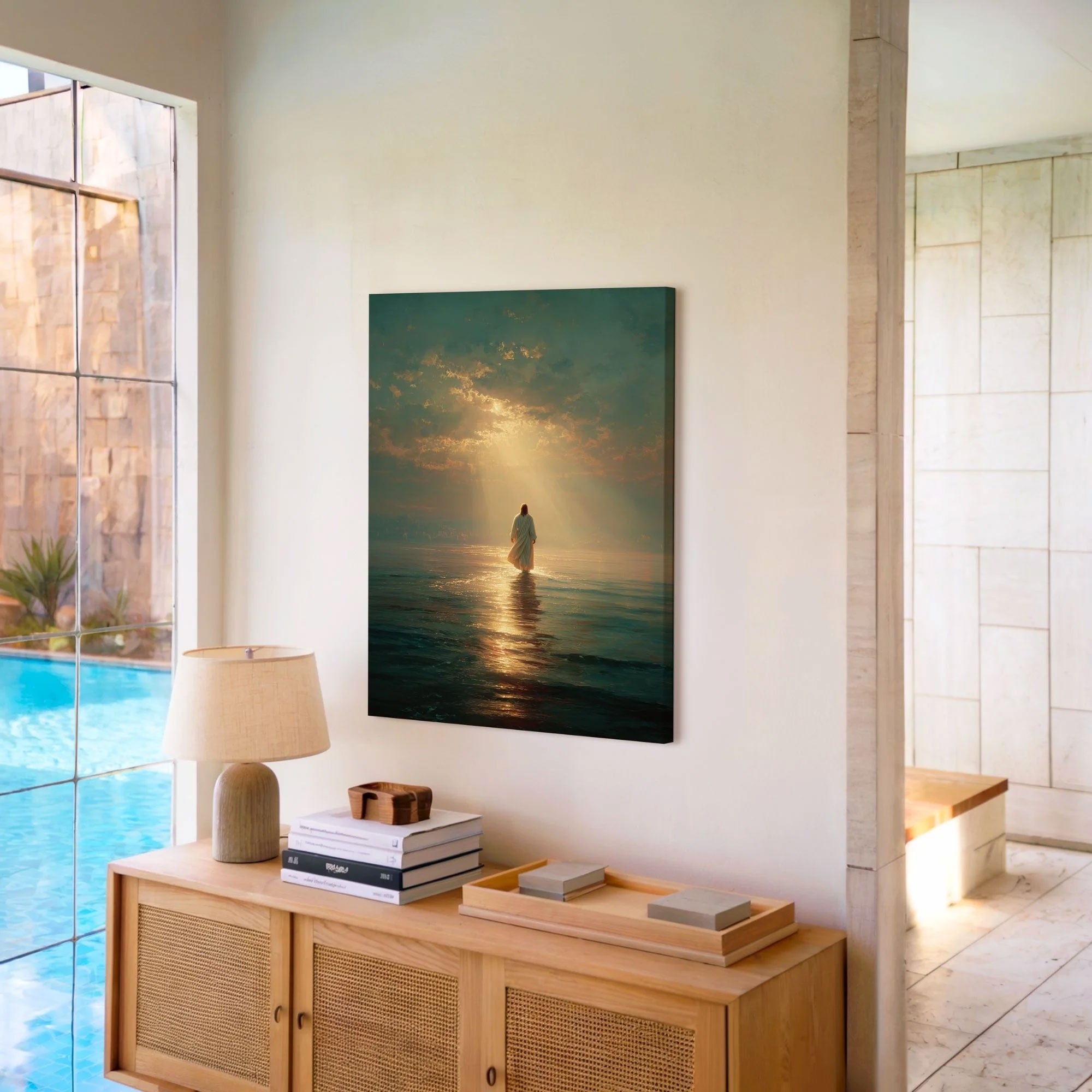 Jesus Walking on Water Canvas Print, Faith Over Fear Christian Wall Art, Divine Light Ocean Scene, Spiritual Home Decor, Inspirational Religious Gift