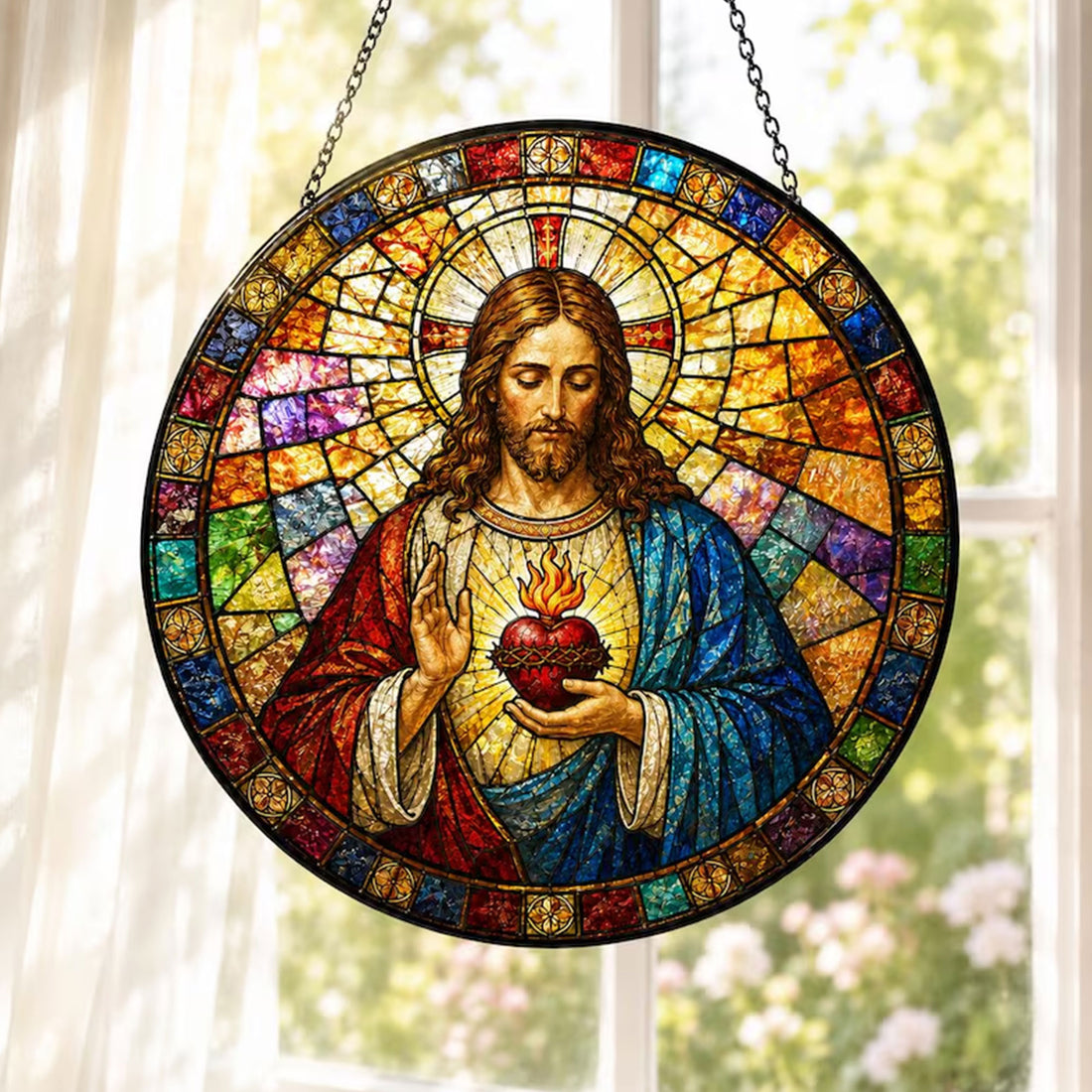 Sacred Heart Jesus Suncatcher, Catholic Window Hanging, Christian Faith Decor Gift