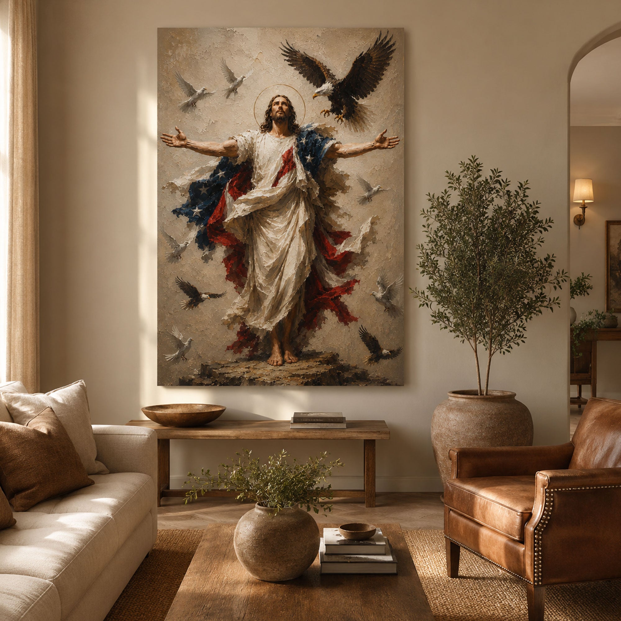 Patriotic Jesus Canvas Print, American Flag Christian Wall Art, Faith Freedom Home Decor