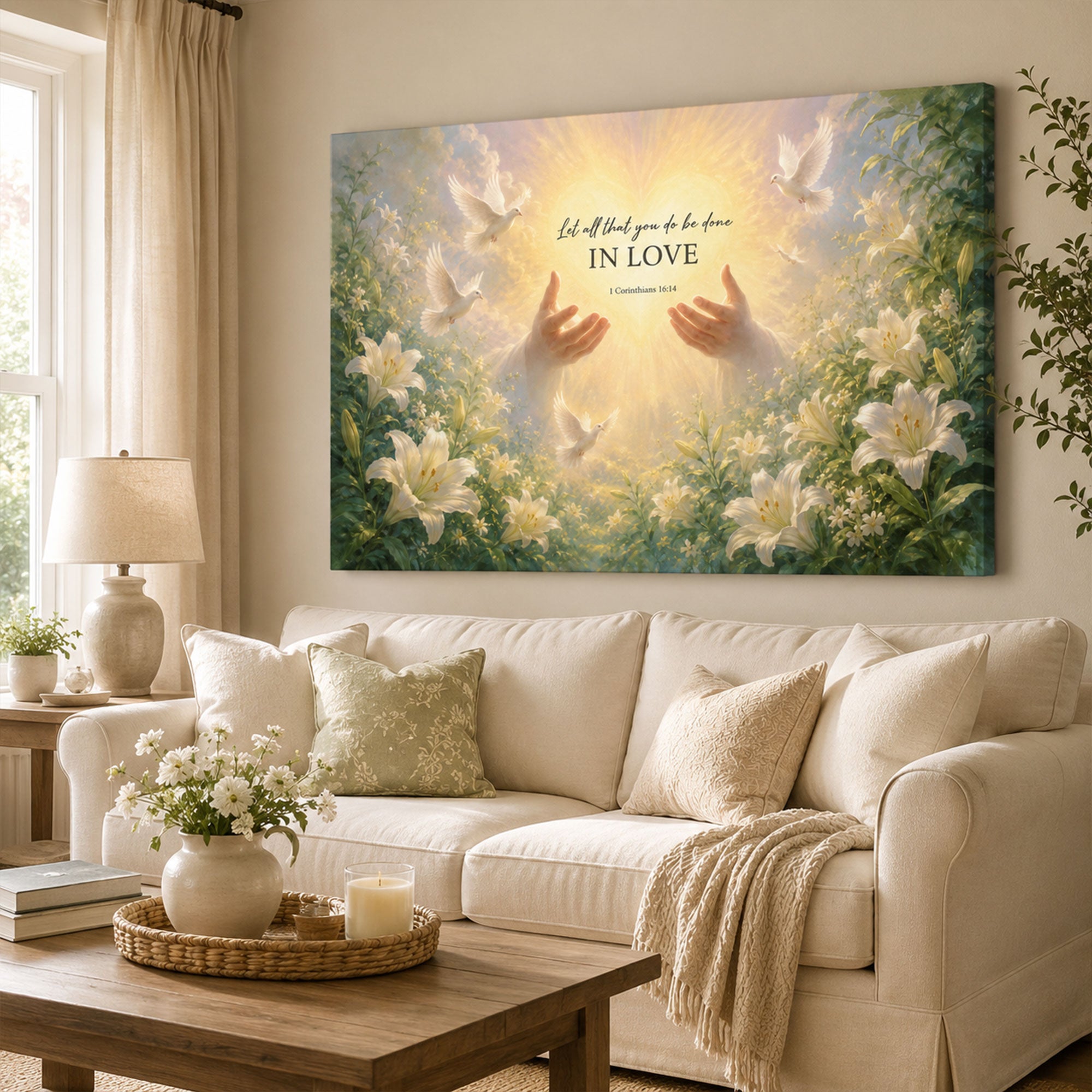1 Corinthians 16:14 Canvas Print, Let All That You Do Be Done In Love Christian Wall Art, Dove and Lily Faith Decor