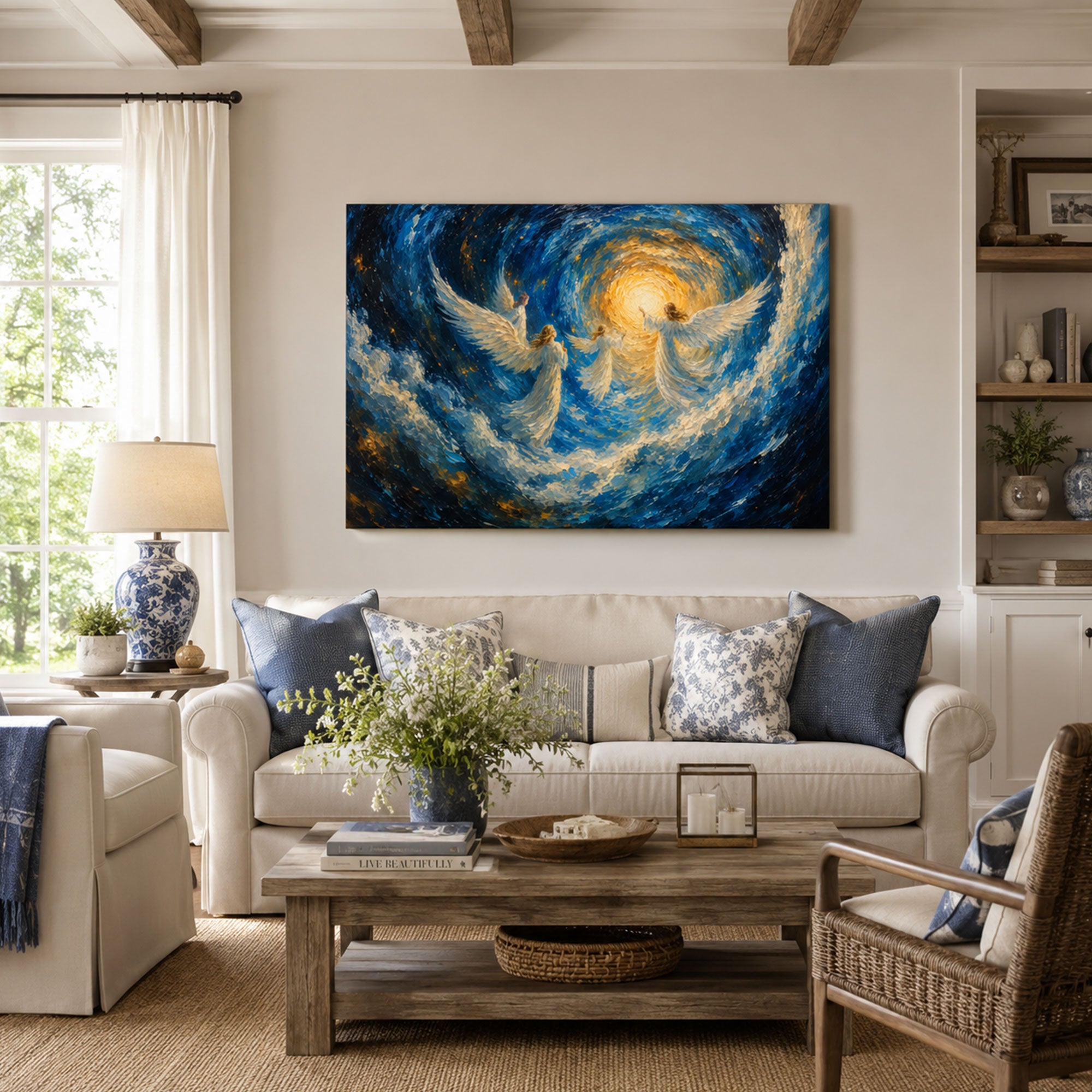 Heavenly Angels in Blue Light Canvas Print, Christian Home Decor