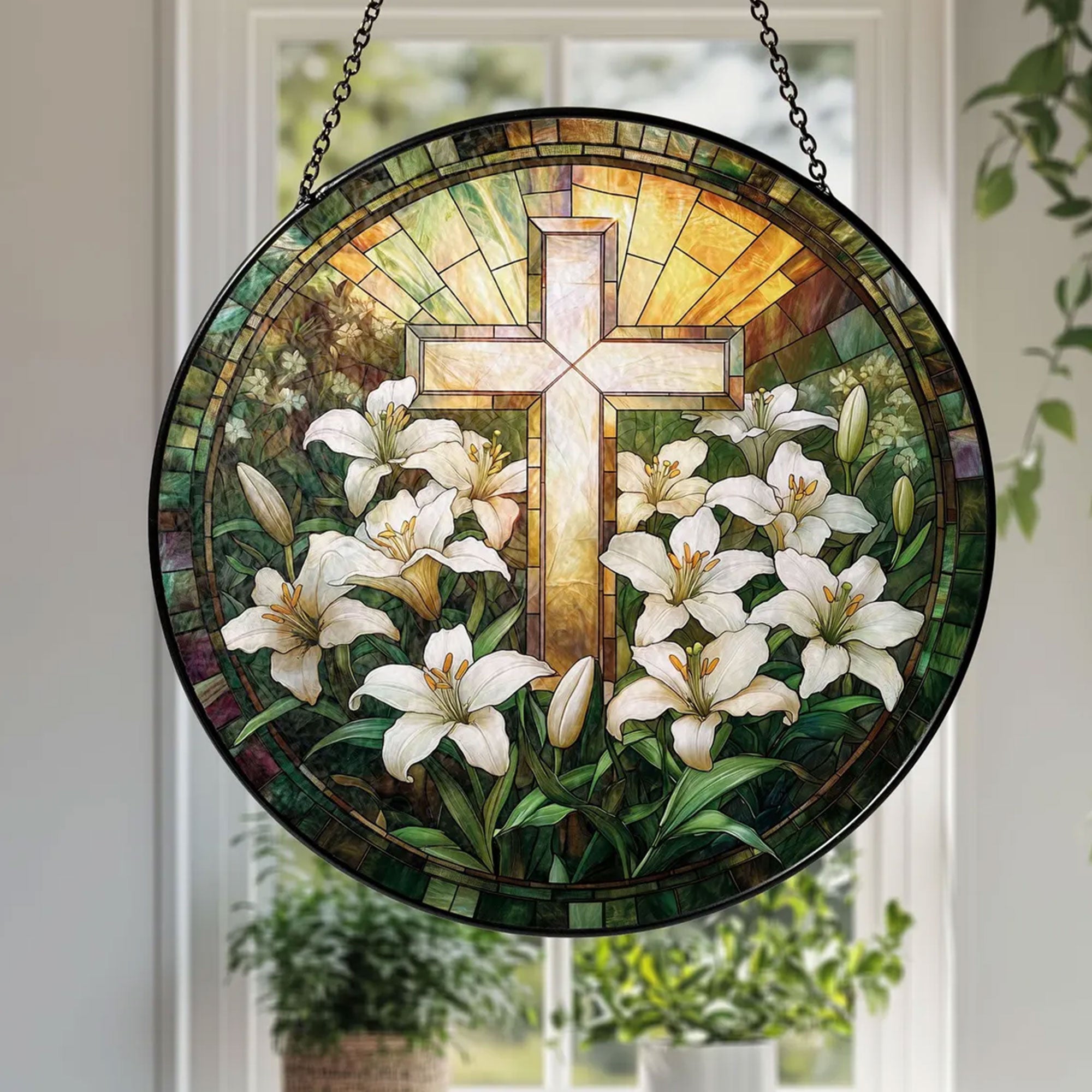 Stained Glass Lily Cross Suncatcher, Christian Window Hanging Decor, Floral Faith Gift, Religious Home Ornament