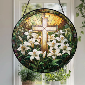 Stained Glass Lily Cross Suncatcher, Christian Window Hanging Decor, Floral Faith Gift, Religious Home Ornament
