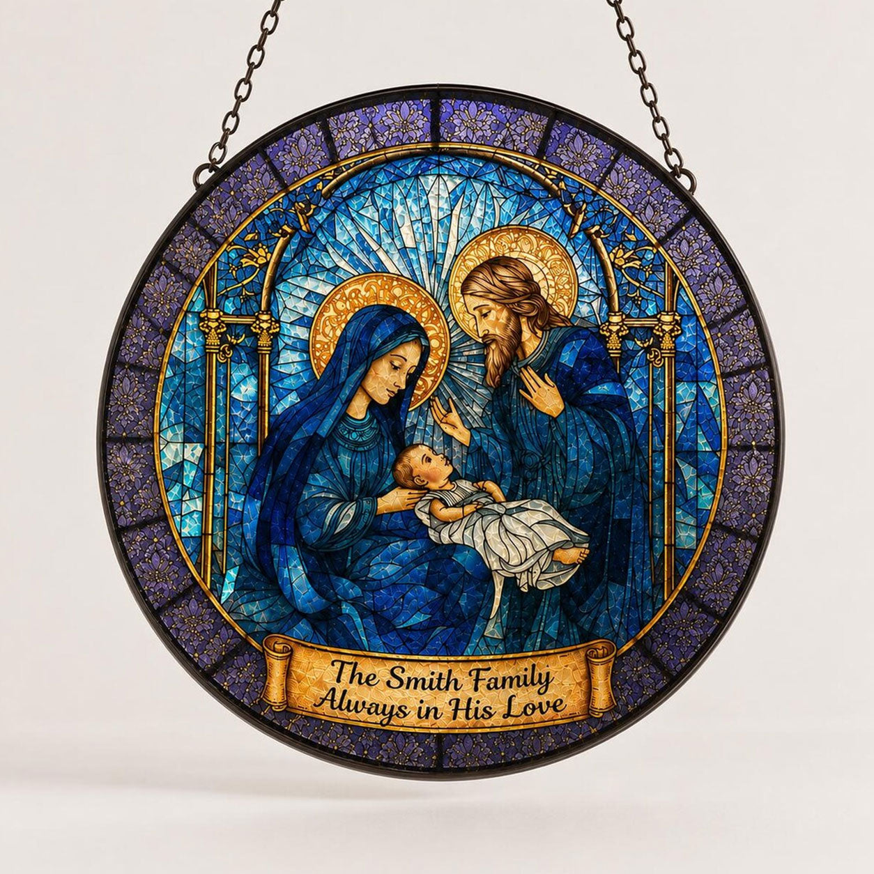 Personalized Holy Family Suncatcher, Custom Family Name Catholic Window Hanging, Christian Family Gift