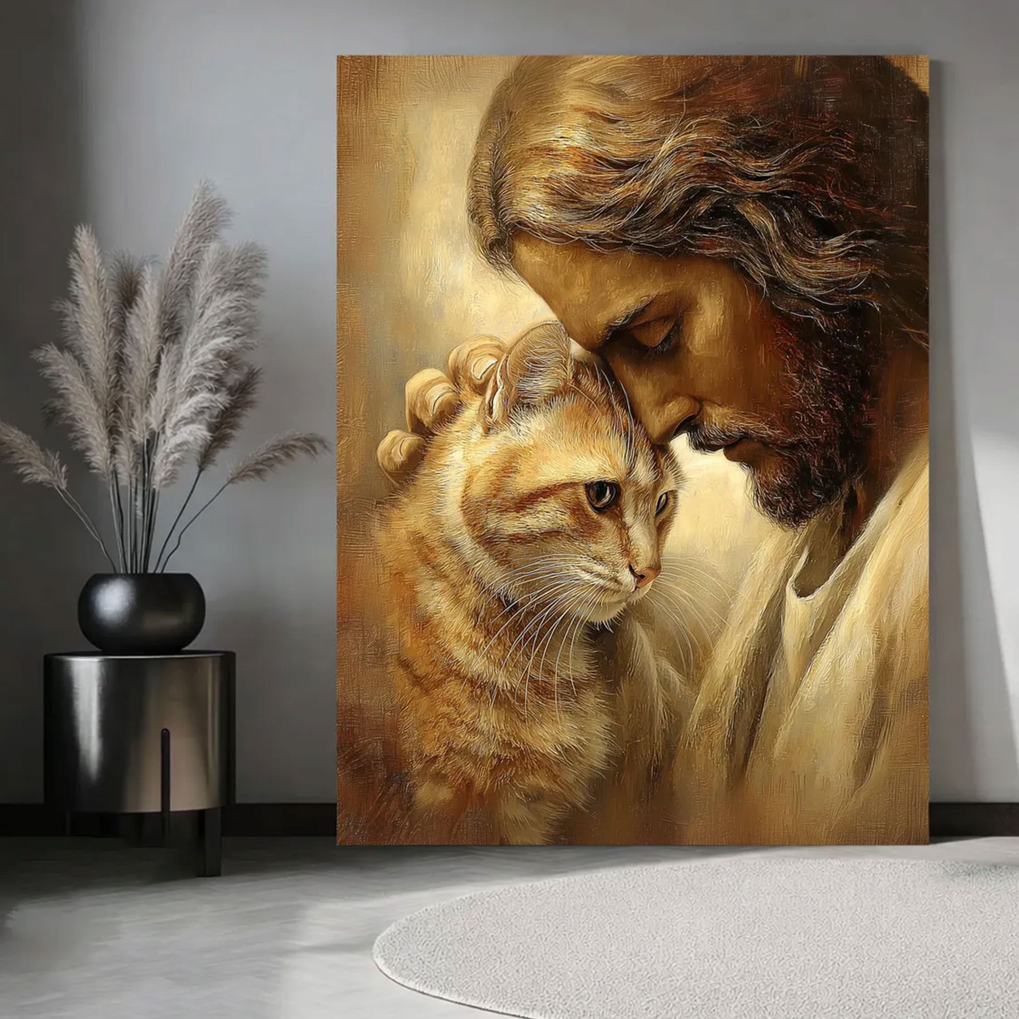 Jesus with Cat Canvas Wall Art, Christian Pet Lover Decor, Spiritual Faith Home Gift