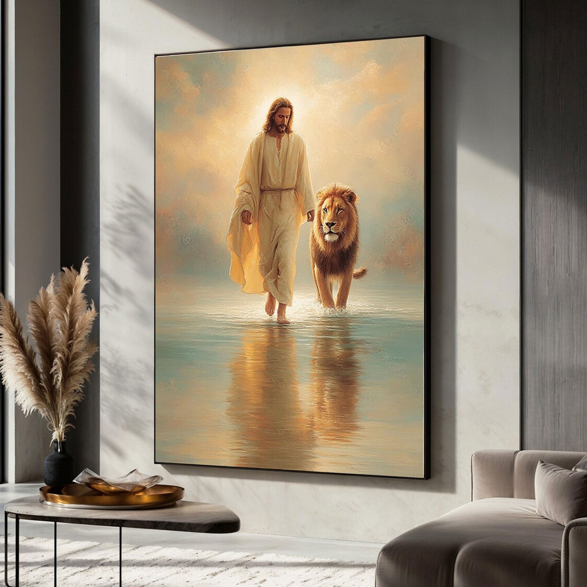 Jesus Walking with Lion Canvas Print, Christian Faith and Strength Wall Art, Peaceful Spiritual Home Decor