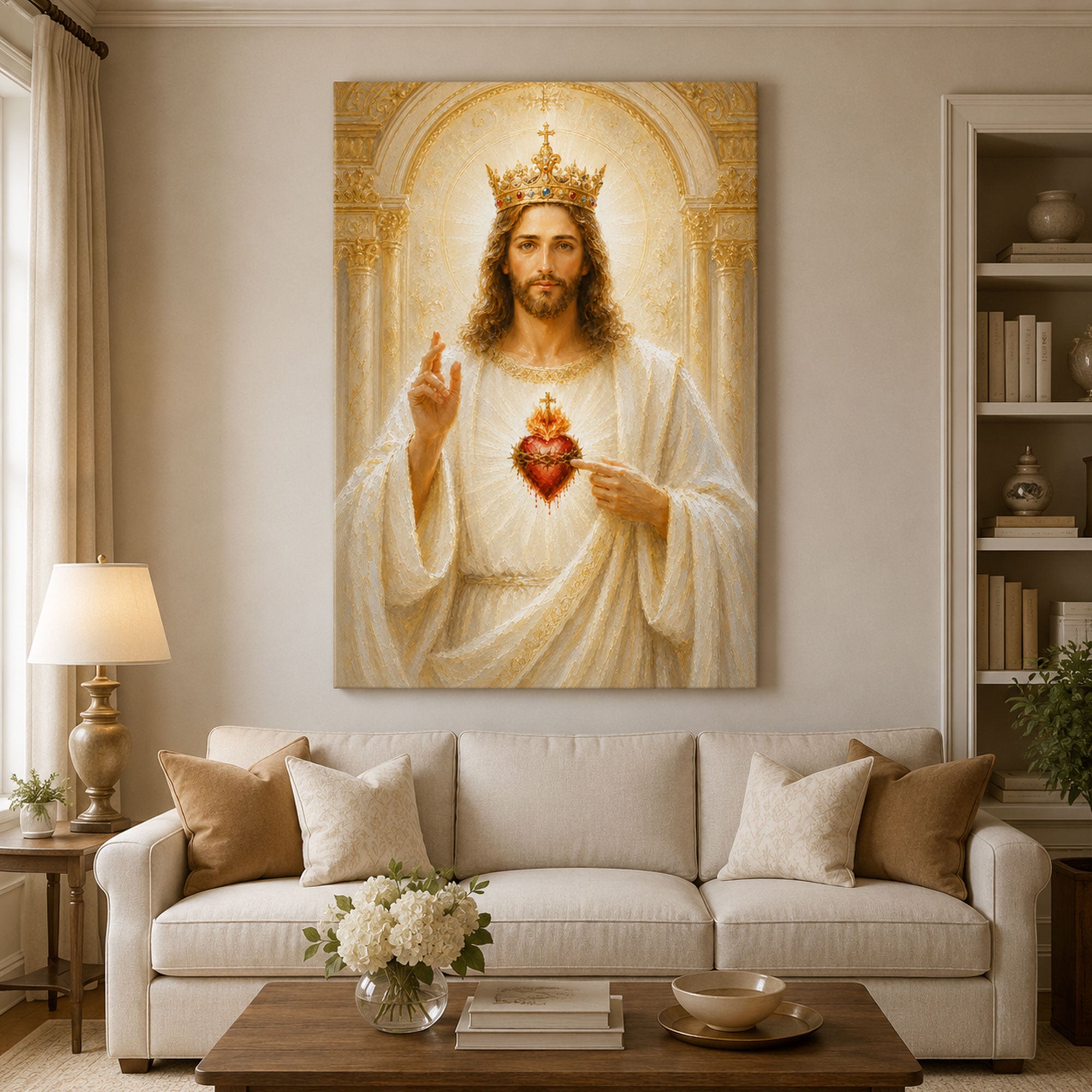 Christ the King Sacred Heart Canvas Print, Crowned Jesus Catholic Wall Art, Christian Home Decor