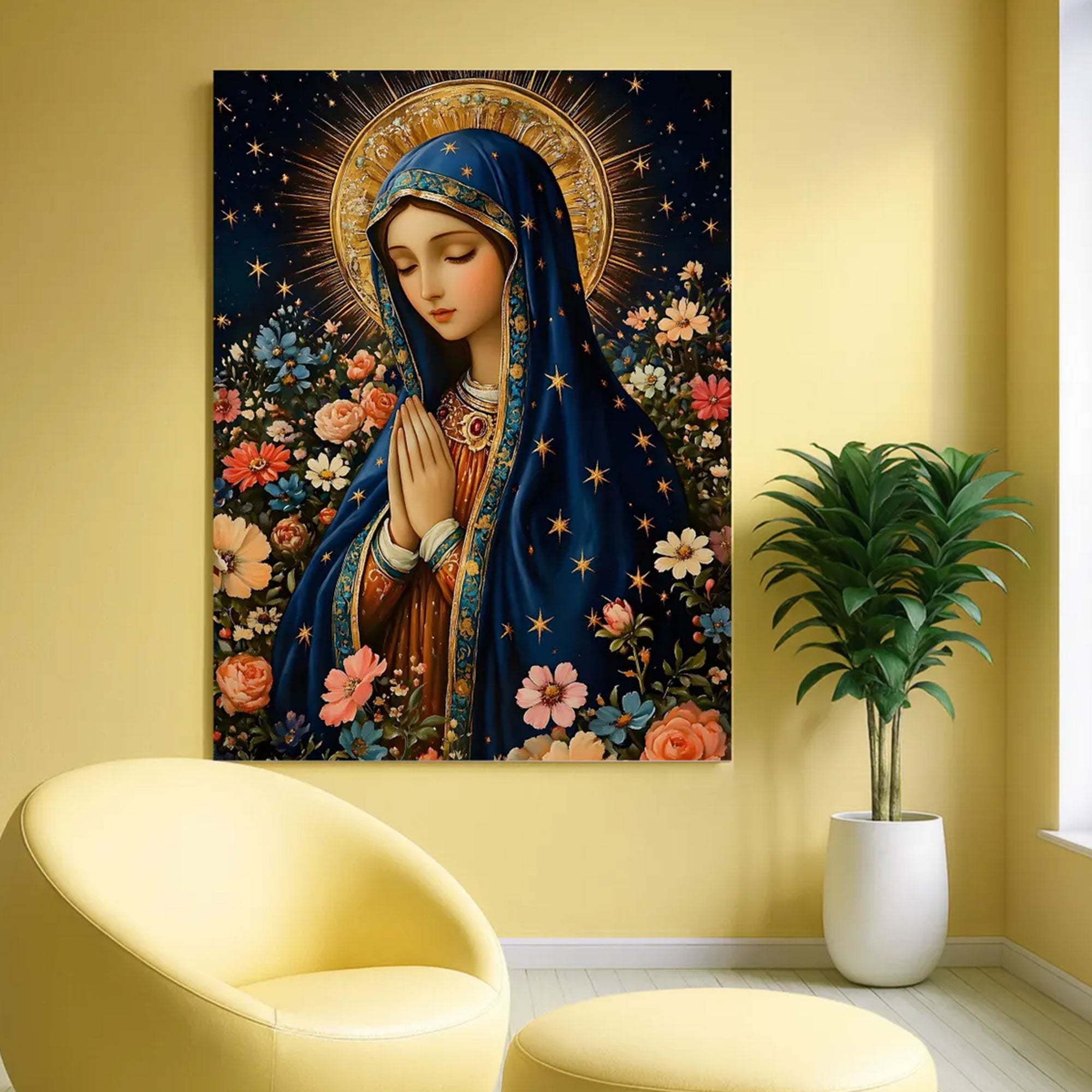 Virgin Mary Canvas Print, Starry Madonna Floral Wall Art, Catholic Home Decor, Blessed Mother Faith Artwork