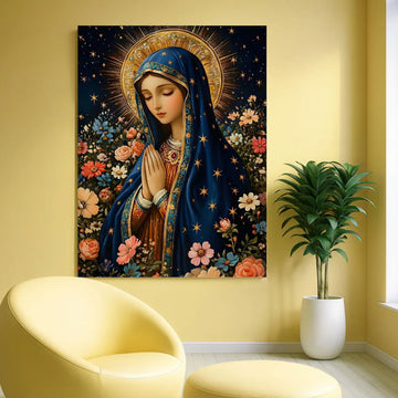 Virgin Mary Canvas Print, Starry Madonna Floral Wall Art, Catholic Home Decor, Blessed Mother Faith Artwork